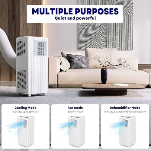 8000 BTU Ultra Silent Portable Air Conditioner, 3-in-1 Remote Control AC with 24-Hour Timer, Cools up to 550 sq. ft. Low Noise/Energy Efficient for Bedrooms, Offices, White