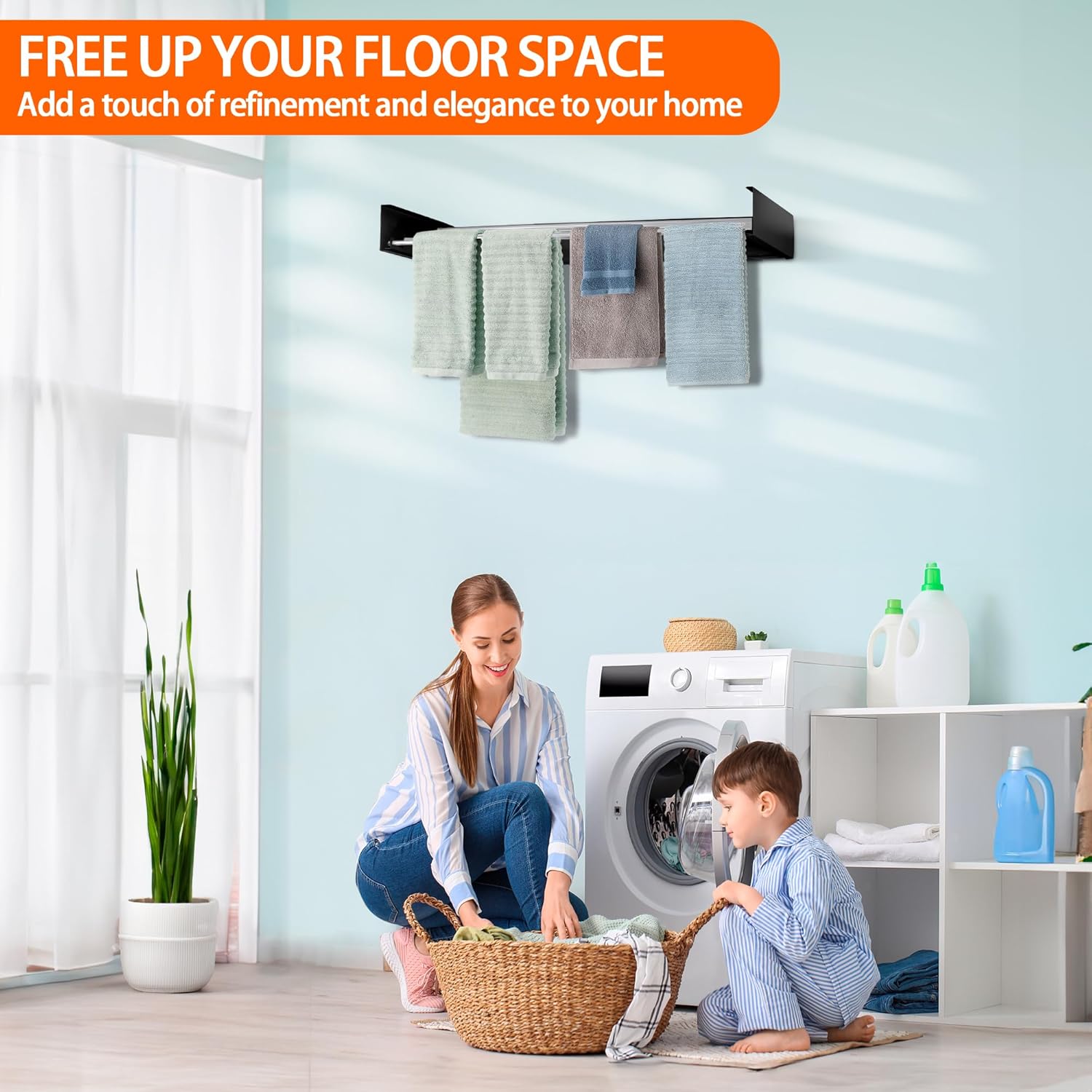 FOCHIER F Laundry Drying Rack Wall Mounted Clothes Drying Rack Collapsible with 5 Aluminum Rods and Drilling Template Long Screwdriver Bit 60 lbs Capacity (Black, 40