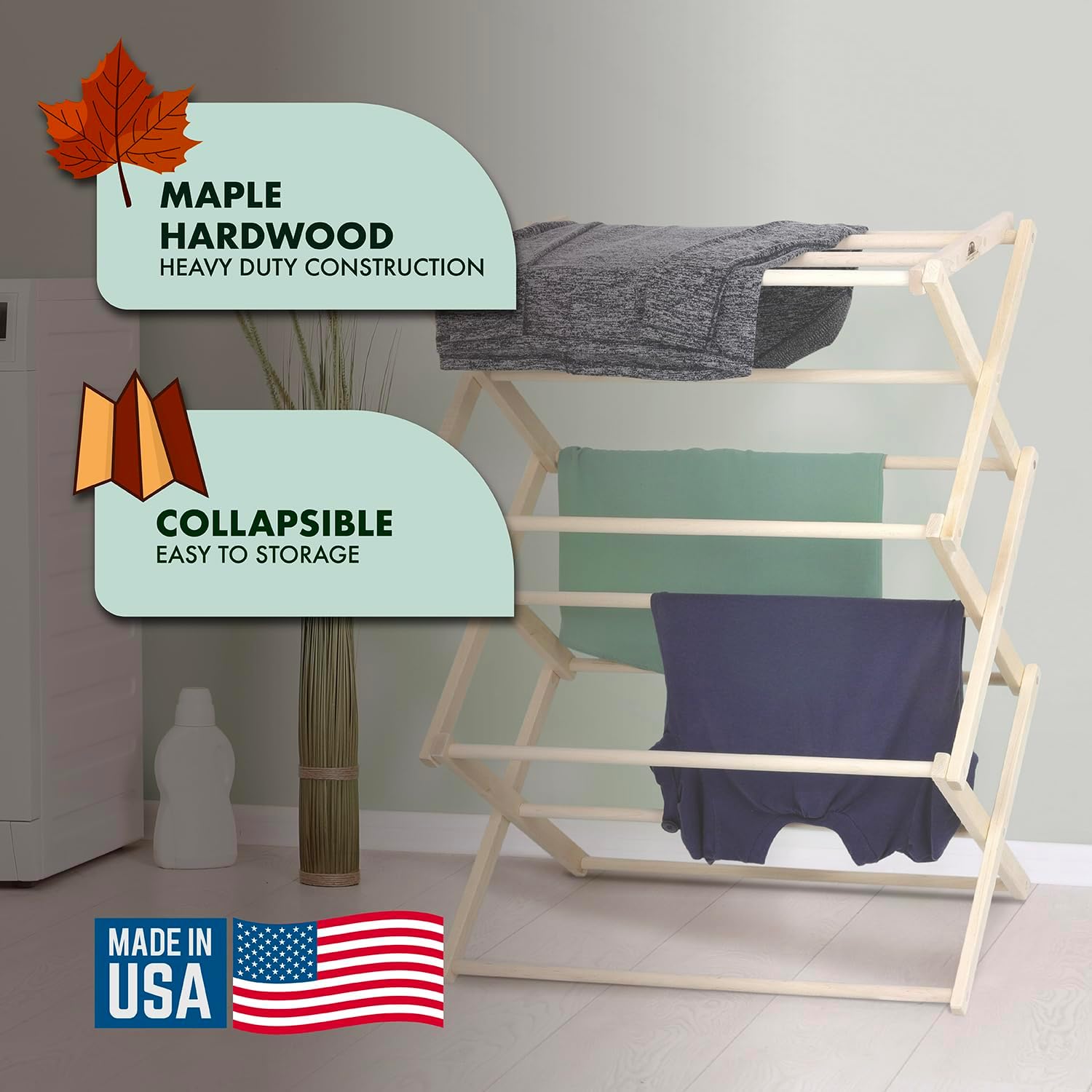 Pennsylvania Woodworks Premium American Maple Clothes Drying Rack - Handcrafted in Pennsylvania - Solid Wood Construction, Collapsible, Eco-Friendly Laundry Solution (Medium)