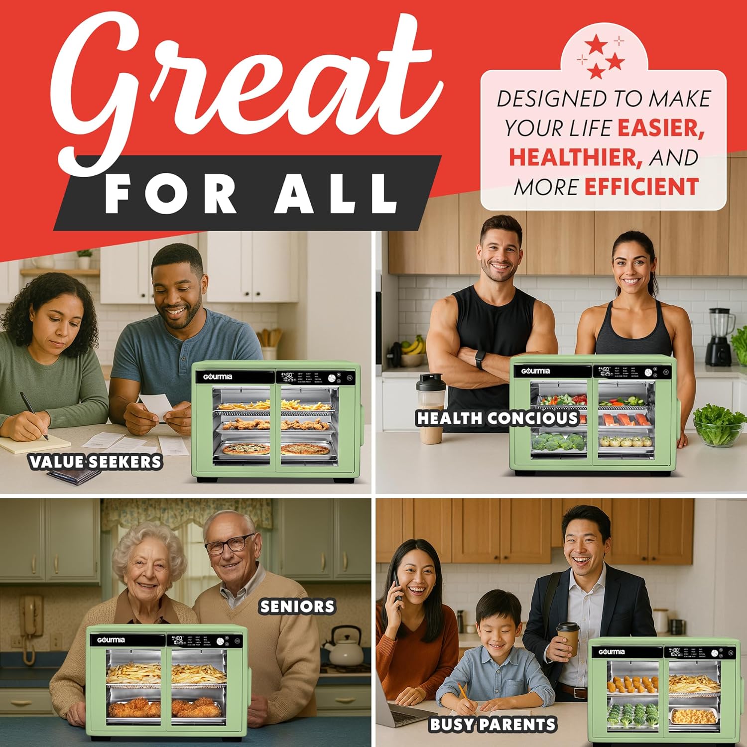 Gourmia French Door Air Fryer Oven - 37 Qt Large Capacity Convection Toaster Oven, FryForce 360°, Digital Display, 12 Cooking Presets, Dehydrate, Fits 13” Pizza, Dishwasher-Safe, Green