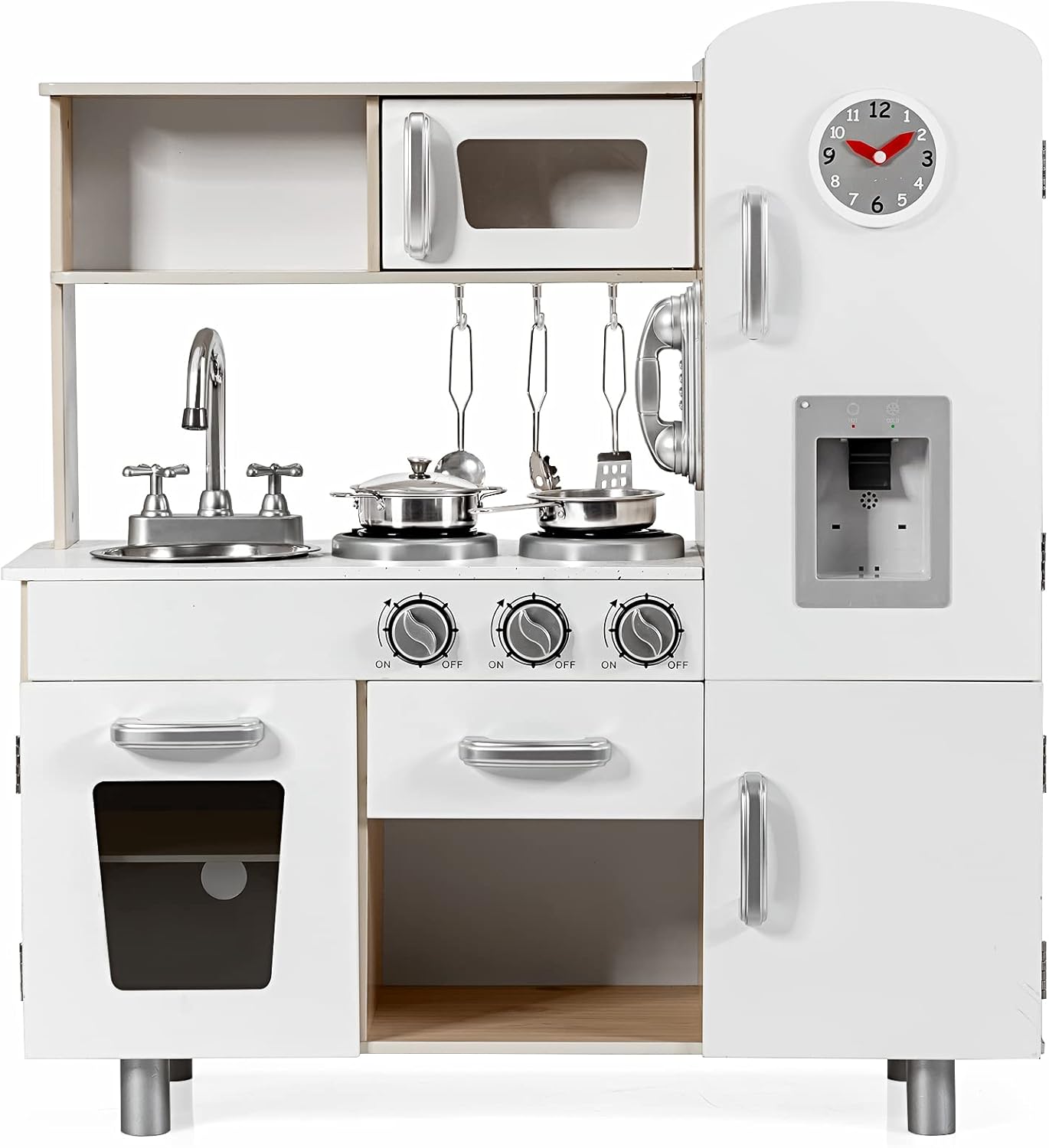 KOTEK Play Kitchen Set for Kids, Wooden Toddler Kitchen Playset with Water Dispenser w/Lights Sounds, Stove, Oven, Fridge, Microwave & Sink, Chef Pretend Play Toy Gift for Girls Boys Age 3+ (White)