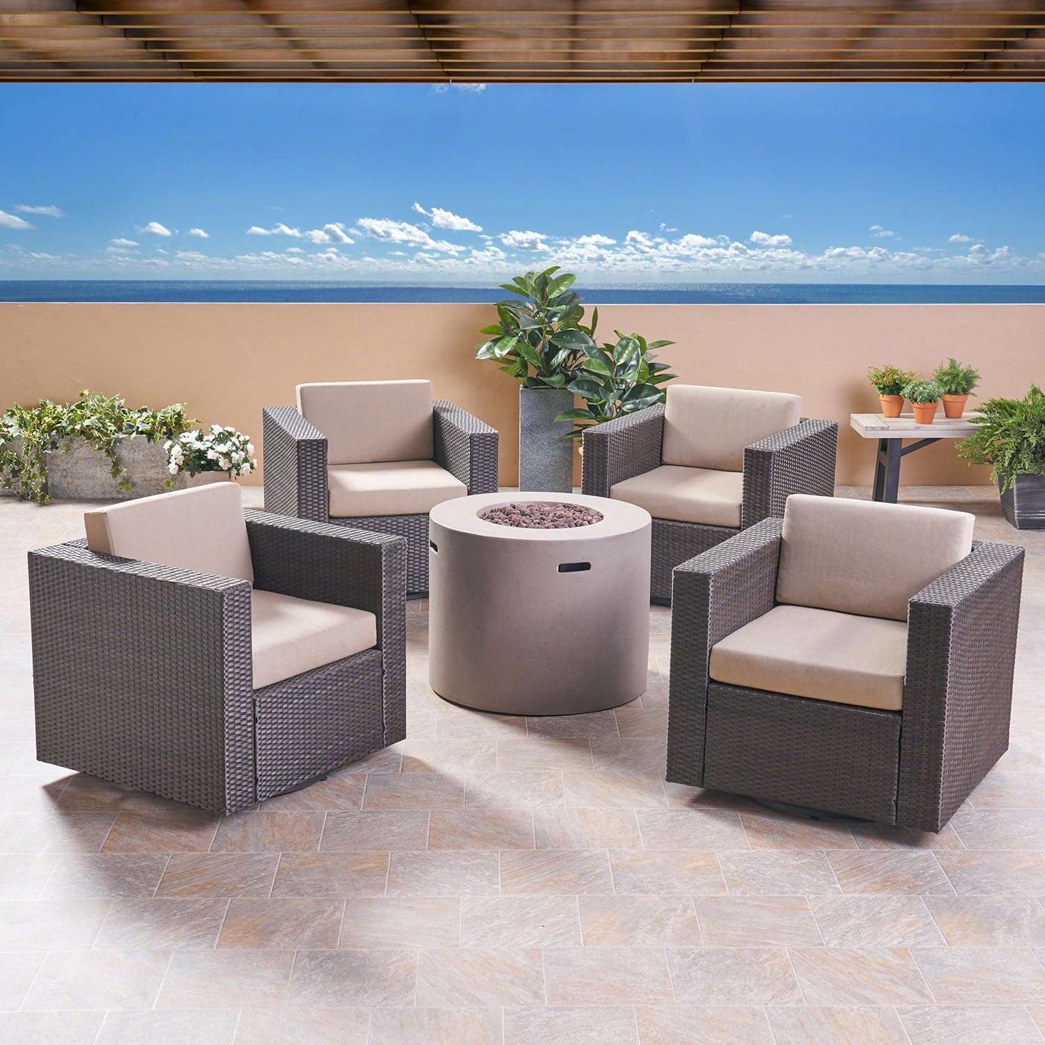 GDFStudio Outdoor 4 Piece Swivel Club Chair Set with Round Fire Pit, Dark Brown and Light Gray