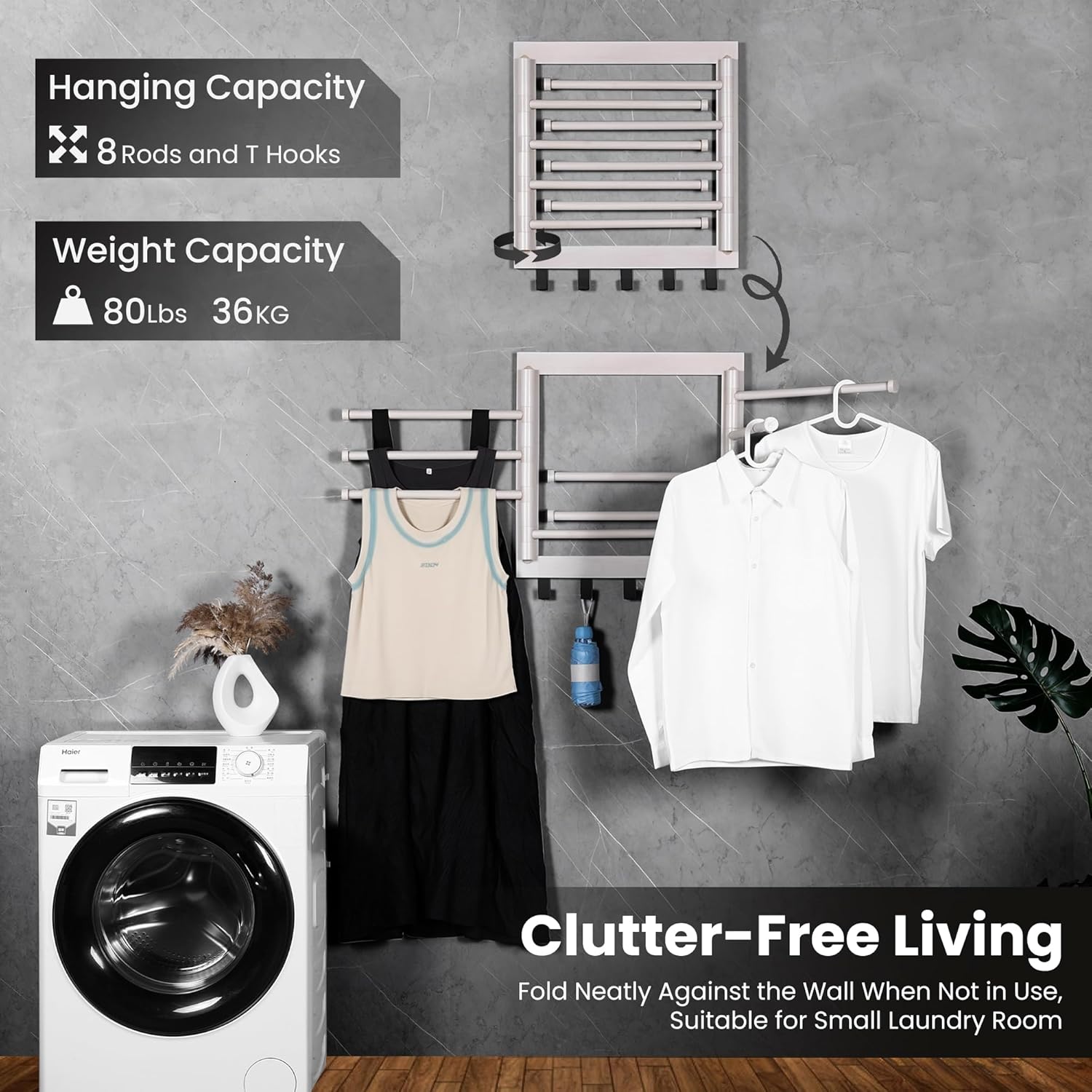 Wall Mounted Drying Rack - Clothes Drying Rack Wall Mounted for Laundry - 20 INCH - with 5 Hooks and 8 arms - 80 lbs Capacity - White Bamboo