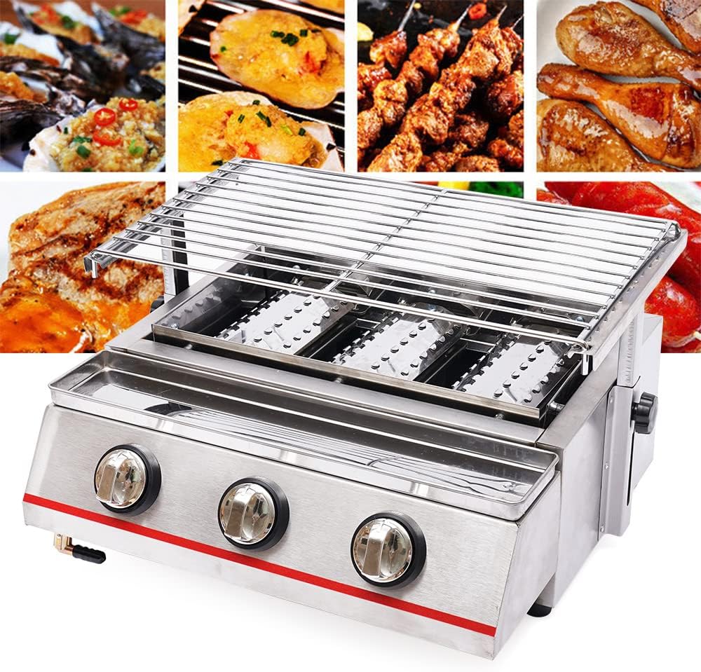 BBQ Gas Grill, Commercial Gas LPG Grill 2800PA Outdoor BBQ Tabletop Cooker Multi-Function Gas BBQ Grill Outdoor Cooking Camping Stainless Steel (3-Burner)