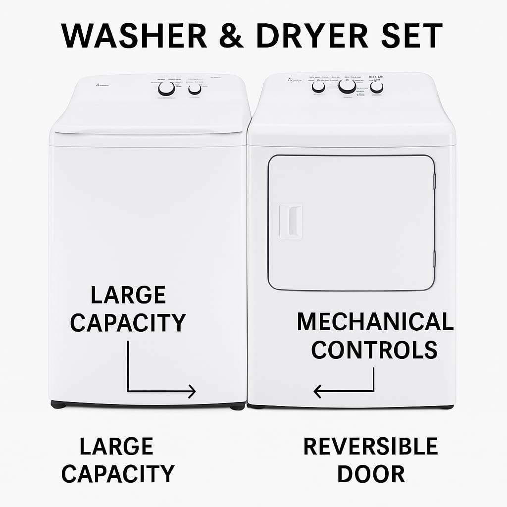 Midea White Top Load Washer and Dryer Pair 3.9 Cu Ft High Efficiency Washer and 6.7 Cu Ft Electric Dryer Bundle with 8 Cycles 4 Temperature Settings Dryer Vent Power Cable and 12 Month CPS Plan