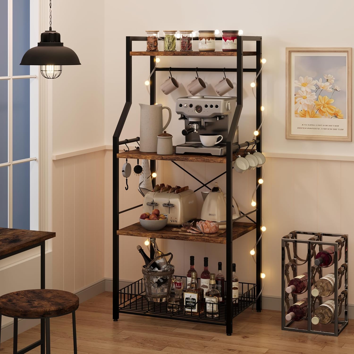 IDEALHOUSE Kitchen Bakers Rack, Microwave Oven Stand with Large Wire Basket, Industrial Coffee Bar Station, 4-Tier Kitchen Utility Storage Shelf with 8 Hooks for Spice, Pots Organizer, Rustic Brown