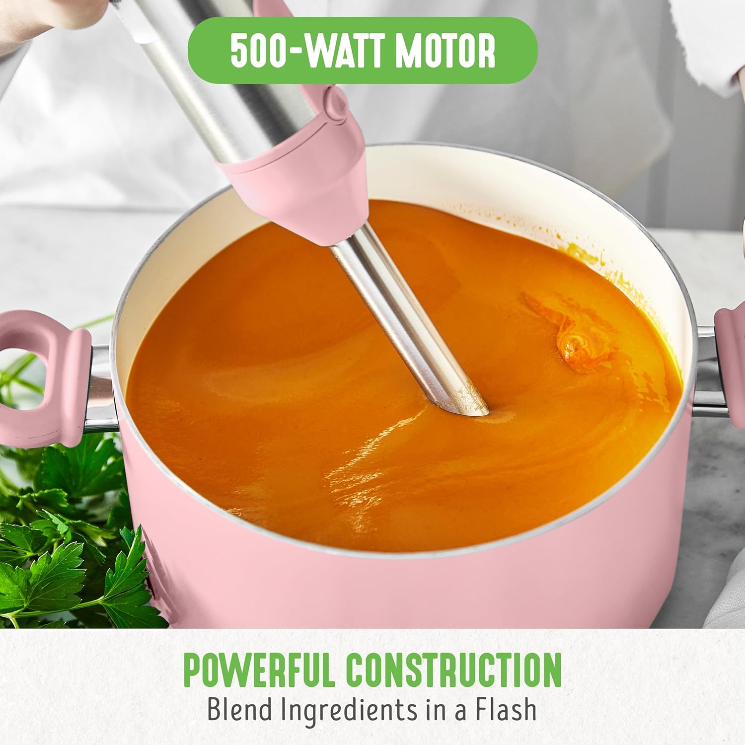 GreenLife 500-Watt Immersion Electric Handheld Stick Blender with Stainless Steel Blades, Whisk, Frother, Measuring Cup and Lid, Soups, Puree, Cake, Multi-Speed Control, Portable, Black