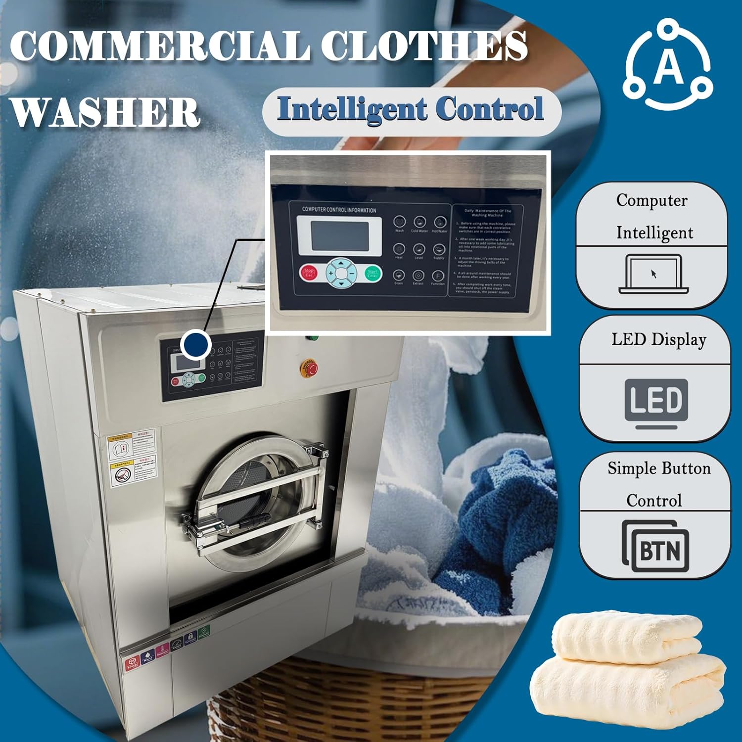 33LBS Commercial Washing Machine Industrial Washer & Spinner with 6KW Heater, Stainless Steel Drum, Auto Laundry Equipment for Hotel/Hospital/Car Detailing 220V 1PH