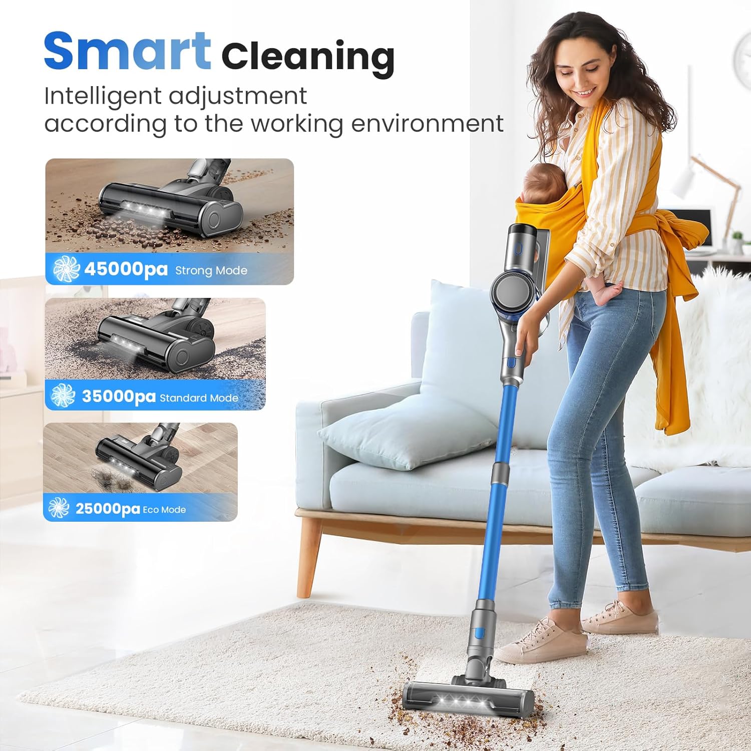 Dzaki S9X Vacuum Cleaners for Home,400W 45KPa Cordless Stick Vacuum Cleaner,Up to 55 Mins Runtime,Smart Induction Auto-Adjustment,Rechargeable Battery Vacuum Cordless for Carpet Floor Pet Hair(Blue)