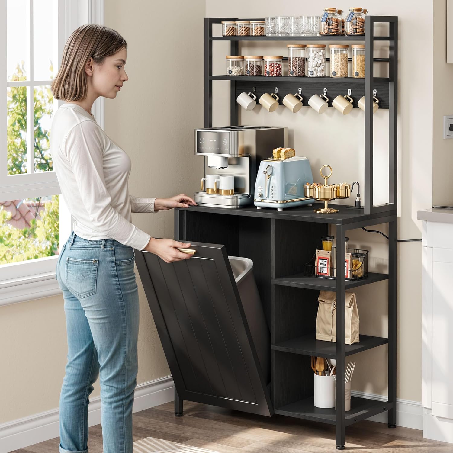 DWVO Black Bakers Rack with Trash Can Bin Cabinet and Power Outlet, Microwave Stand Cabinet with 6 Hooks, 6-Tiers Farmhouse Kitchen Tall Thickened Coffee Bar Table Station with Storage Shelf