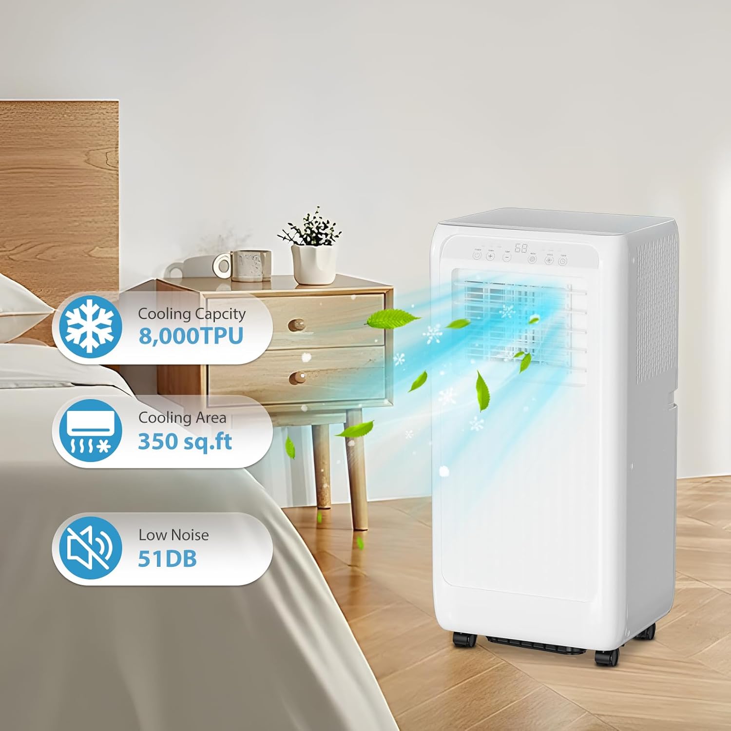 8,000 BTU Portable Air Conditioner – 3-in-1 Cooling, Fan & Dehumidifier for 350 Sq.Ft | Remote Control, Sleep Mode, 24H Timer & Window Kit Included