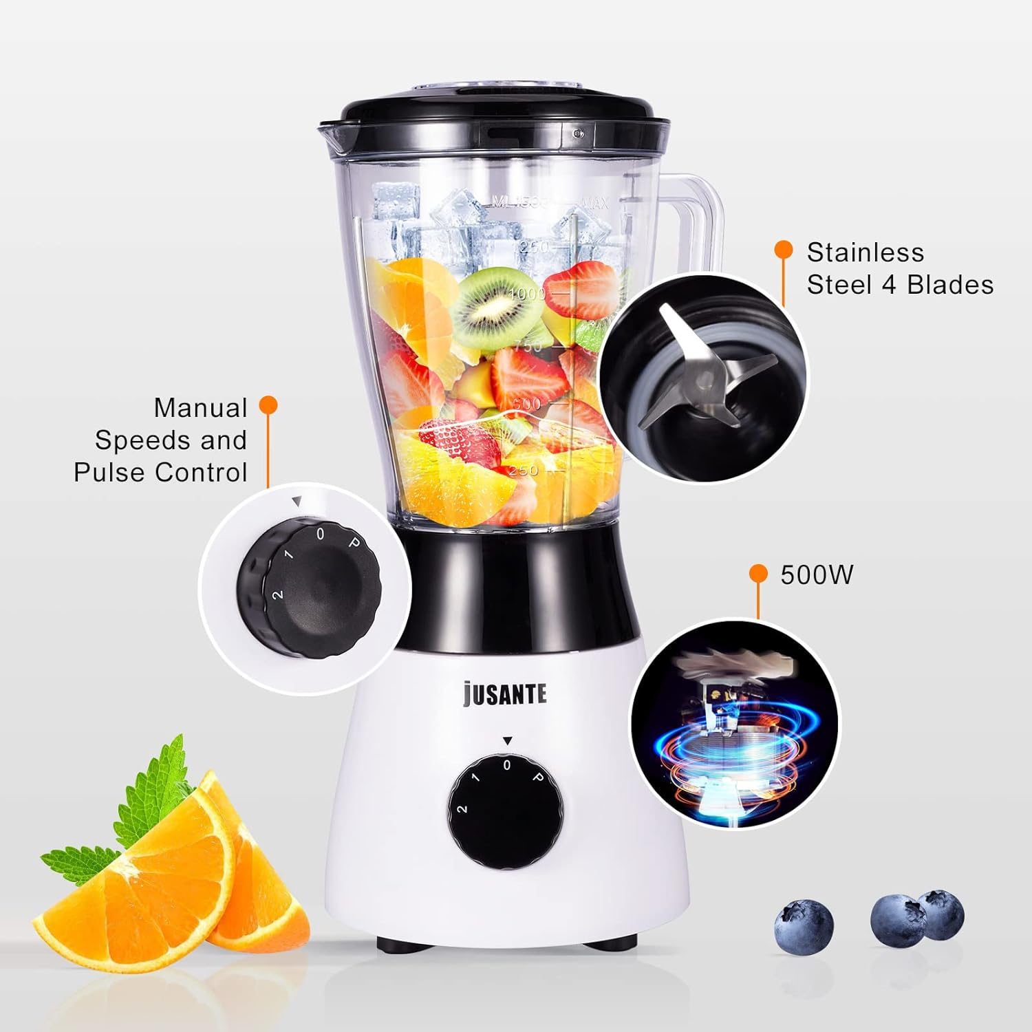 Blender for Smoothies, Small Blender with 500W Motor for Milkshake Desserts Nut Butter, Cocktails Sauces (White)