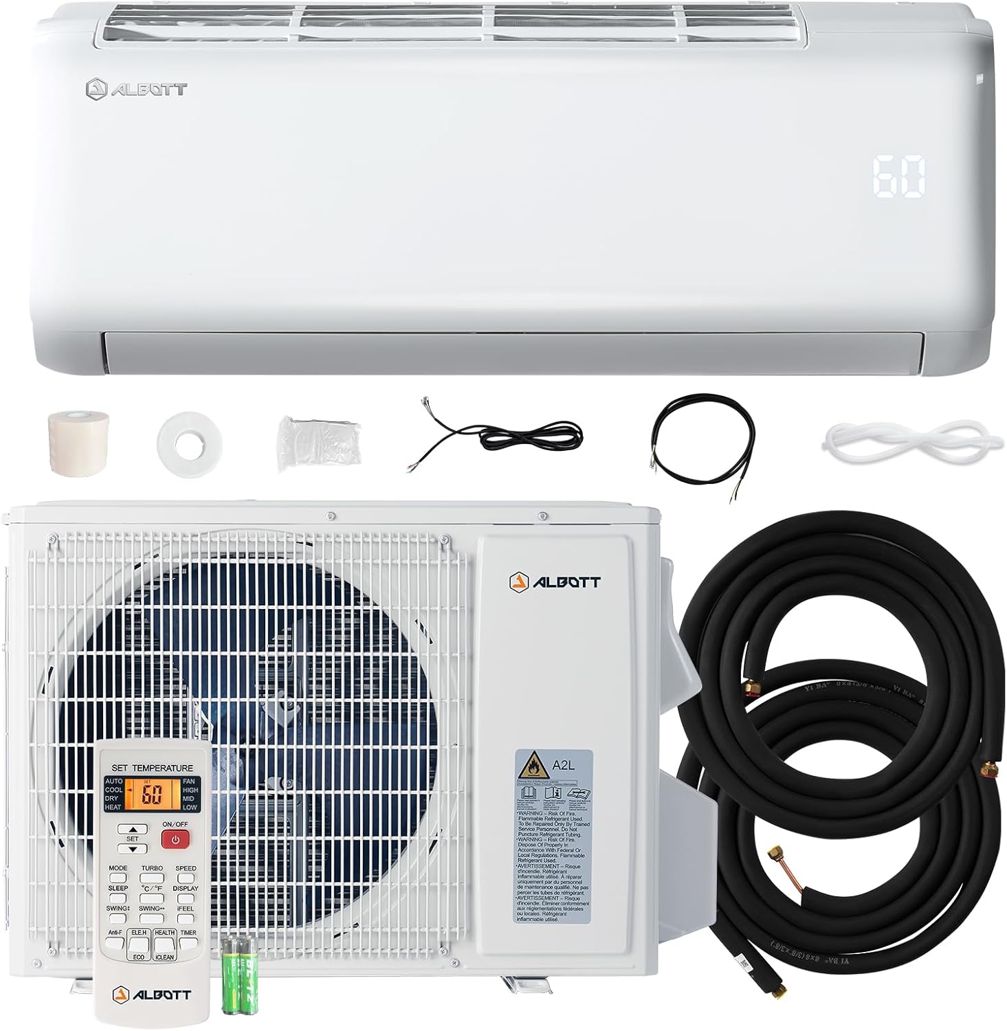 Albott Mini Split Air Conditioner Heat Pump, 24000 BTU 19 SEER2 220V Inverter Ductless Wall AC Unit Cools Rooms up to 1500 Sq. Ft, 14.8ft Installation Kit, White