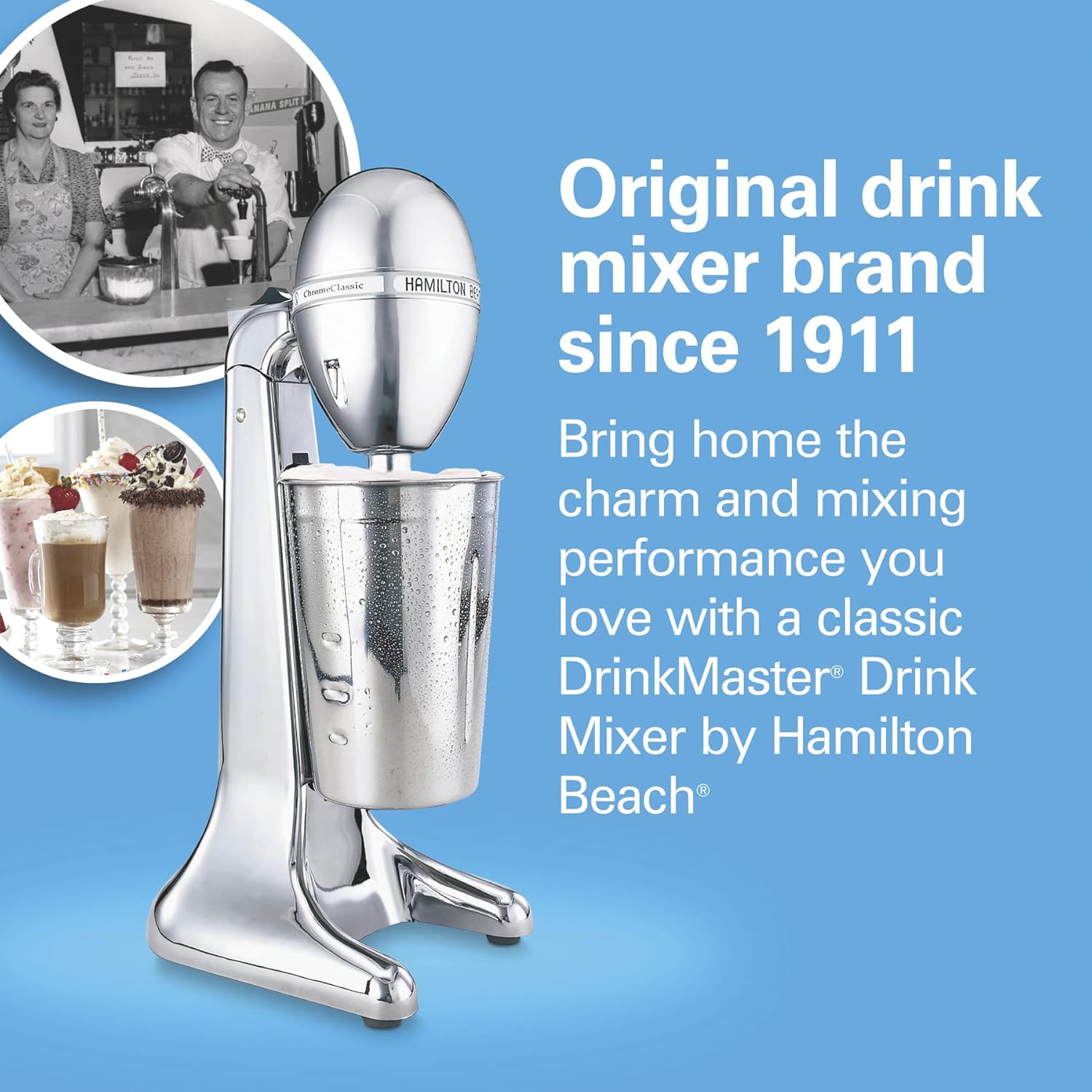 Hamilton Beach DrinkMaster Electric Drink Mixer, Retro Milkshake Maker & Milk Frother, 2 Speeds, Extra-Large 28 oz. Stainless Steel Cup, Classic Chrome