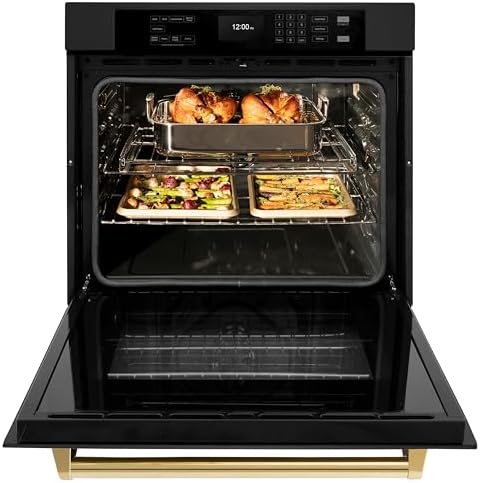 ZLINE 30 in. Autograph Edition Professional True Convection Single Wall Oven with Air Fry and Self Clean in Black Stainless Steel with Polished Gold Handle (WASBZ-30-G)