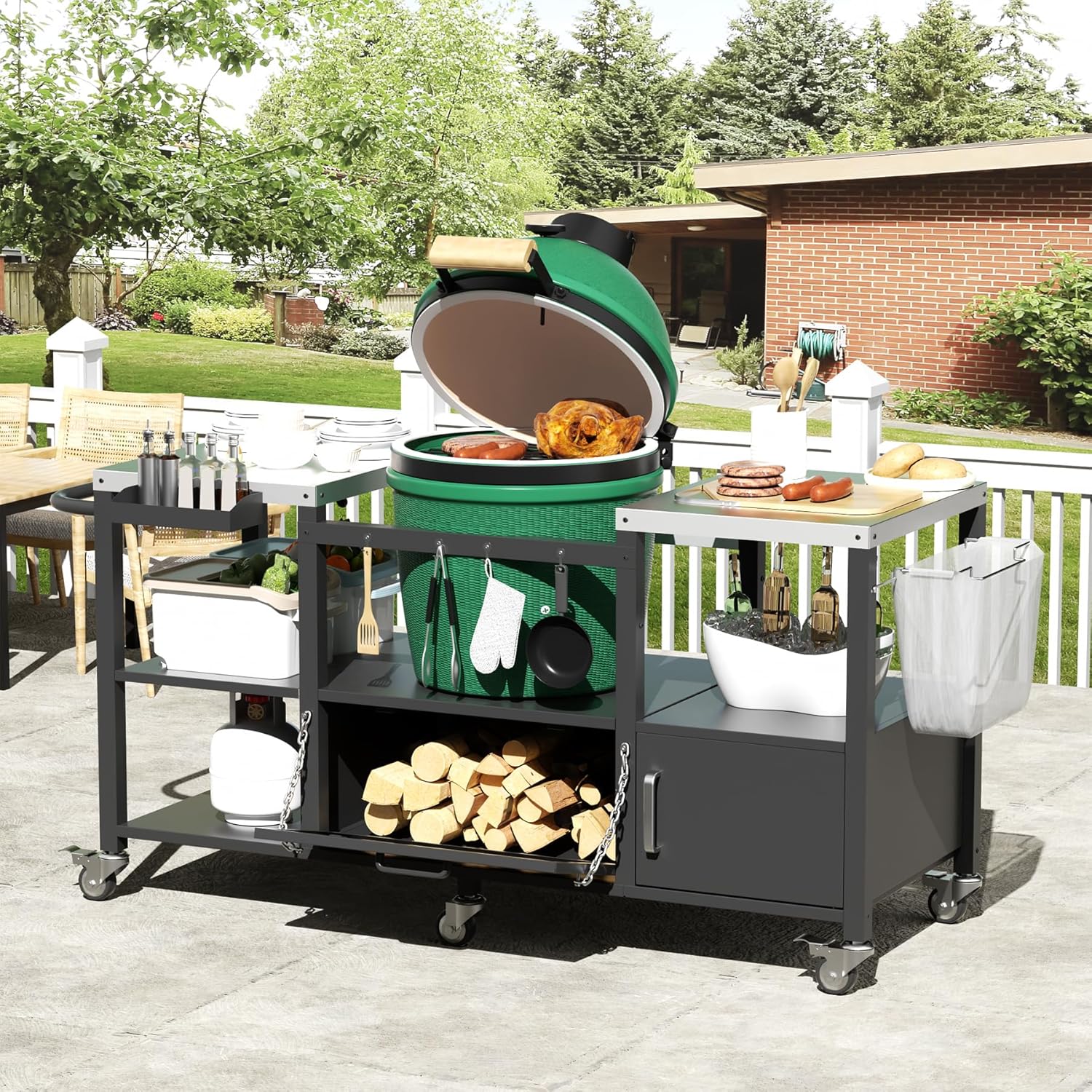 EBE Outdoor Grill Table for Big Green Egg, Heavy Duty Metal Grill Station Prep Table with Storage, Grill Cart Compatible with Large Big Green Egg, Kamado Joe Classic