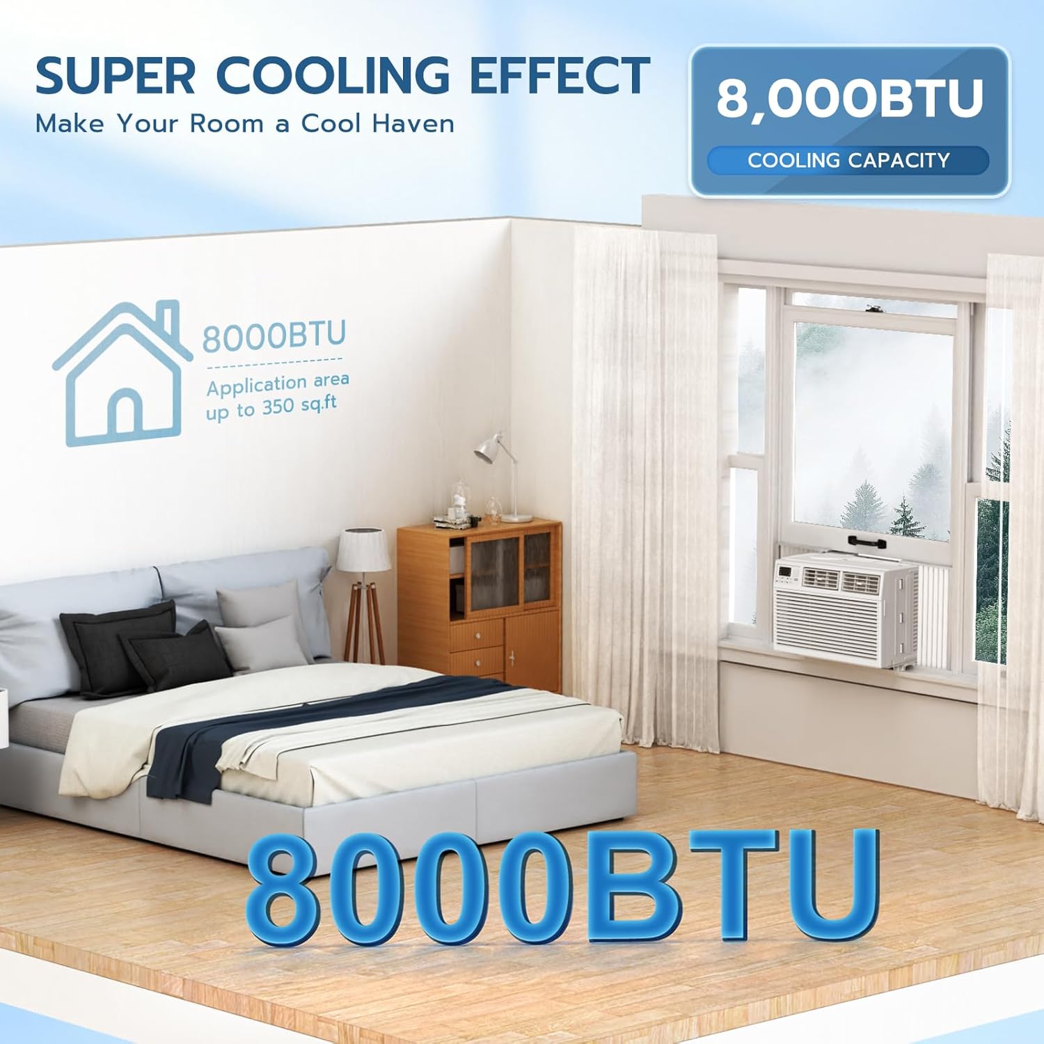 ZAFRO Window Air Conditioners 8000BTU, Cools 350 Sq. Ft,2 Cooling Mode & Fan Speeds,Ultra-Quiet Remote,White