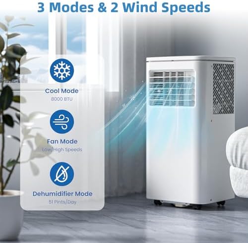 3-in-1 Portable Air Conditioners，8000BTU Portable AC Units Cools 350 Sq.Ft. with 24H Timer Remote Control，Easy Install Kit for Bedroom, Office, Dorm