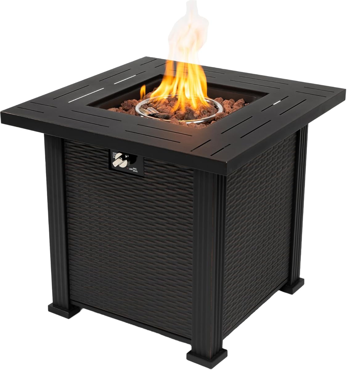 28 Inch Propane Fire Pit, Outdoor Fire Pit Table, 50000 BTU Square Steel Gas Fire Pits with Lid, Add Warmth and Ambience to Parties On Outside Patio Deck Garden, Black