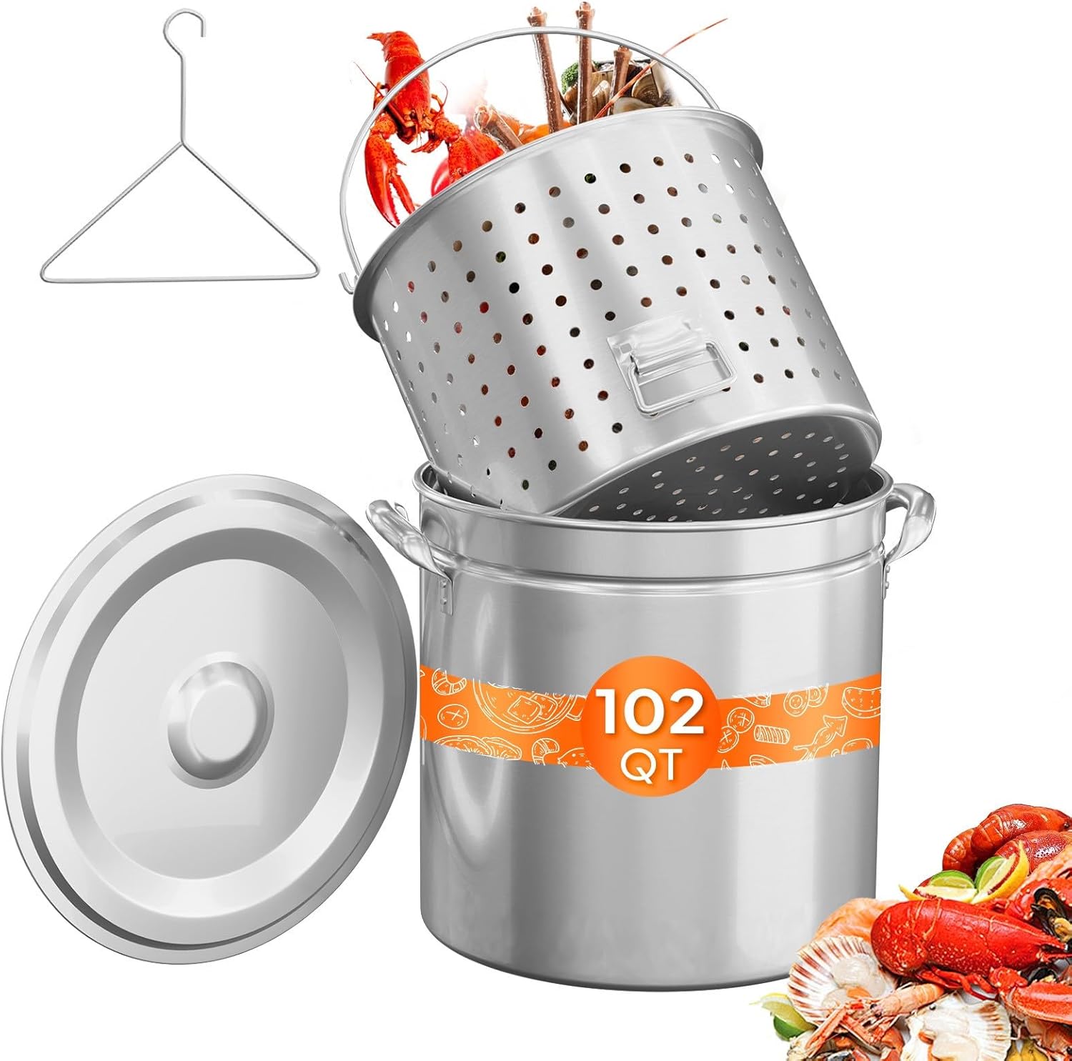 ROVSUN 102QT Stainless Steel Seafood Boil Pot With Strainer Basket, Lid & Hook, Versatile Stock for Crab, Lobster, Shrimp Boiling, Heavy-Duty Turkey Fryer for Outdoor Cooking & Gatherings