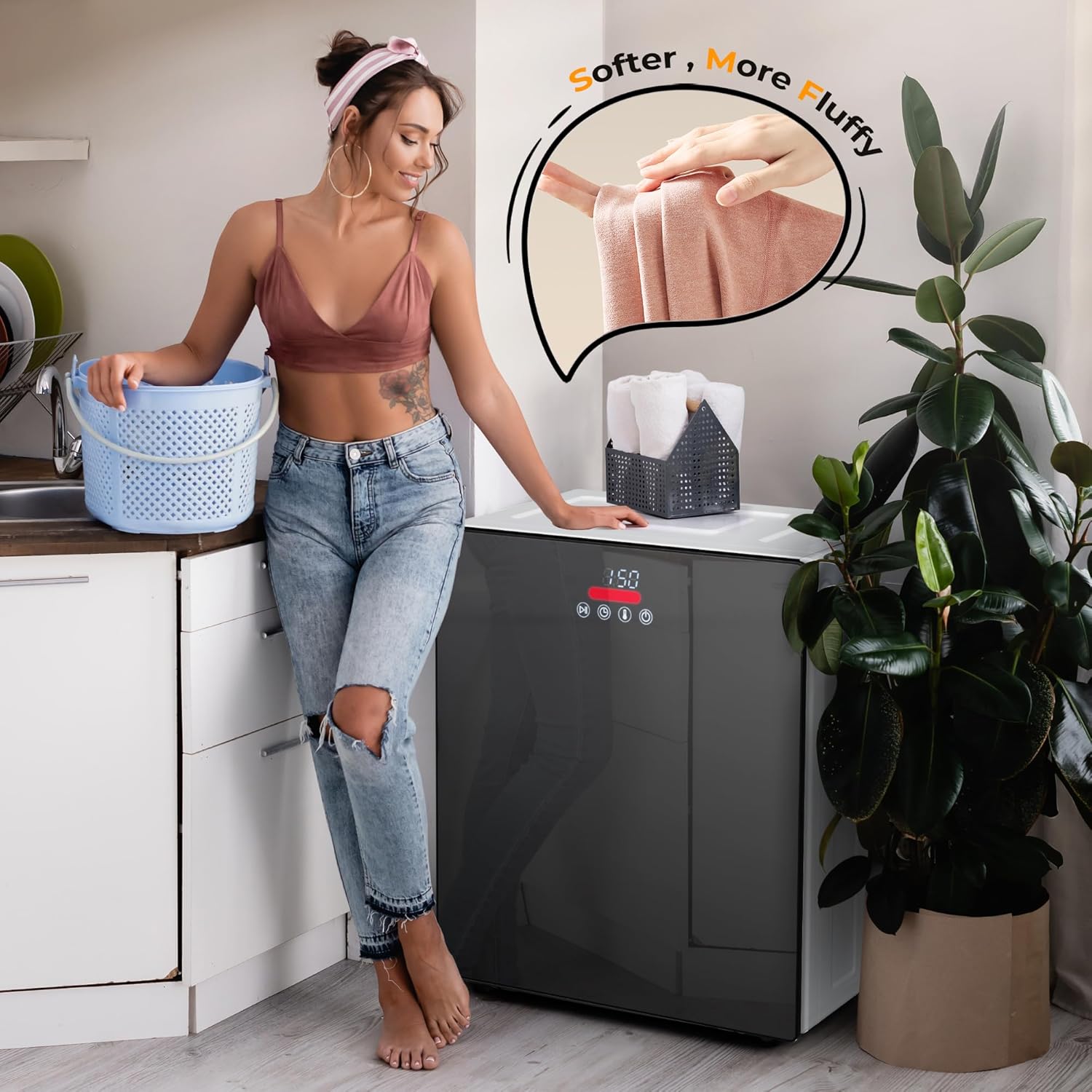 EUHOMY 1.5 Cu.ft. Portable Clothes Dryer, 850W Compact Dryer with Exhaust Hose, Mirror Finish, LCD Touch Panel, 4 Drying Modes, 5.5lbs Capacity, Portable Dryer for Apartments, Dorms, Rvs, Black&White