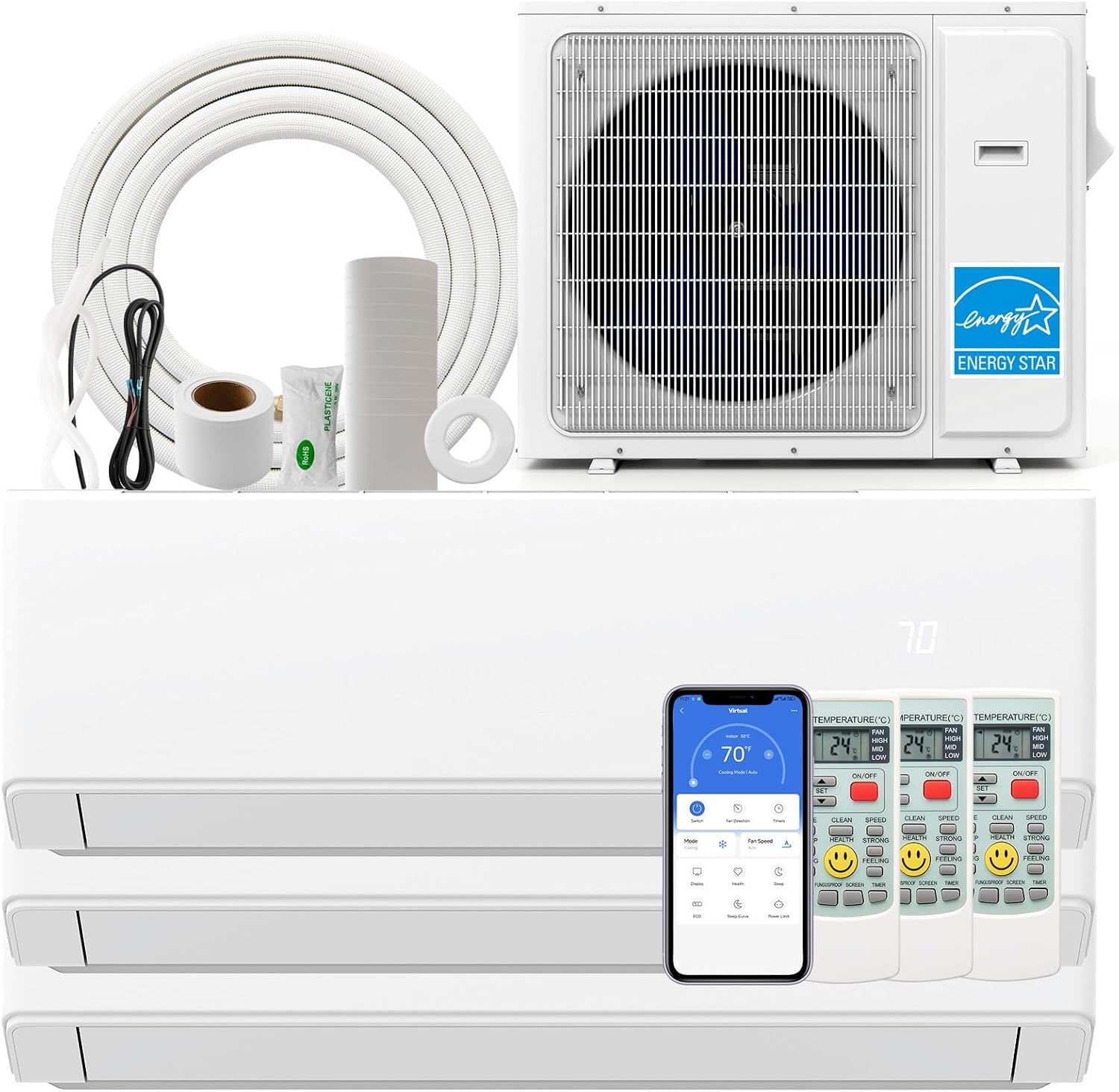 SIMOE 30000 BTU Tri 3 Zone, Installation Kit, Mini Split Air Conditioner, Wifi-Enabled 23 SEER2, 9k+9k+9k BTU, 208-230V, Ductless, Multi Zones Mini Split AC Heat Pump Full Set, Ductless Energy Star