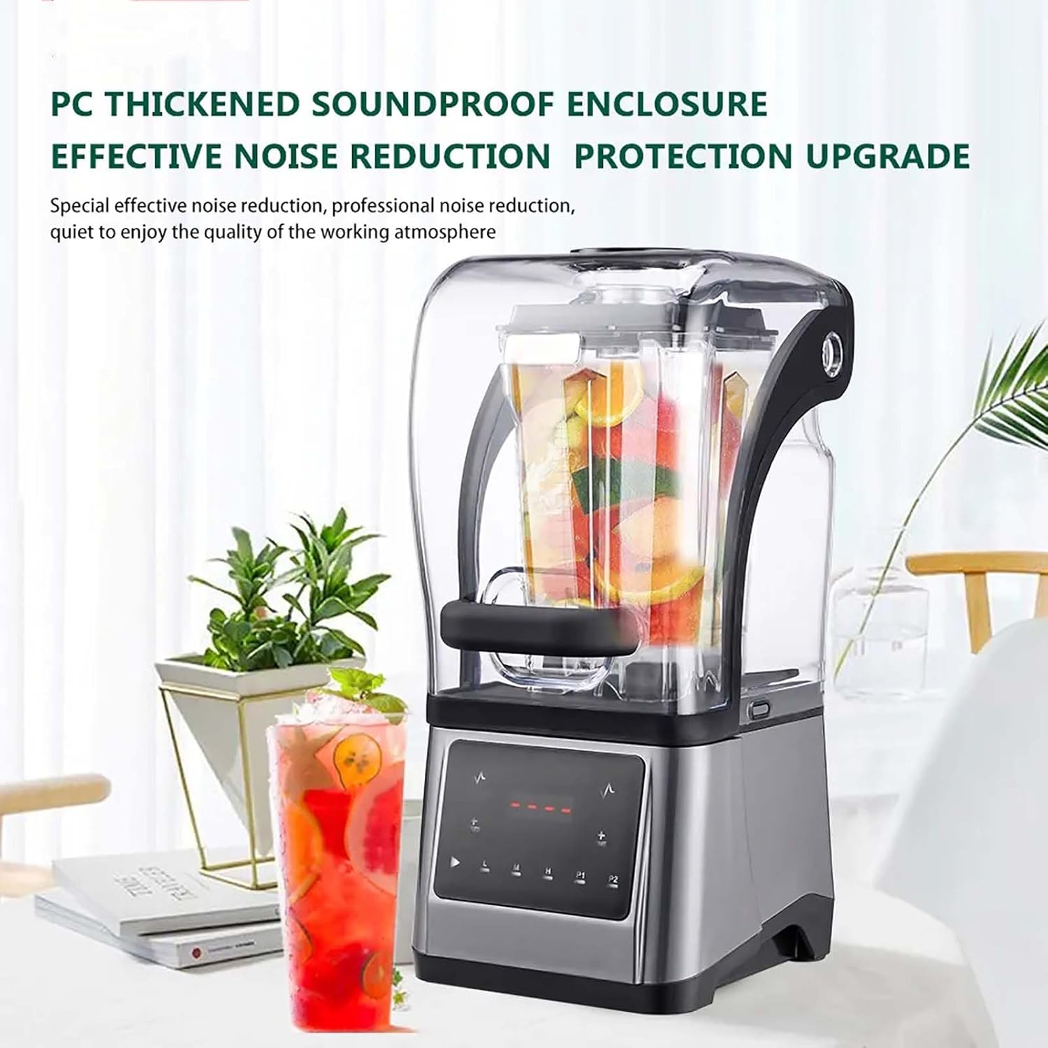 Commercial Blender Smoothie Maker, 1.6L Blender with Soundproof Shield, With Timing Function, Adjustable Speed and Time, for Crushing Ice, Smoothie, Puree, Bar Coffee Shop