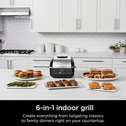 Ninja EG201 Foodi 6-in-1 Indoor Grill with Air Fry, Roast, Bake, Broil, & Dehydrate, 2nd Generation, Dishwasher Safe, Black/Silver