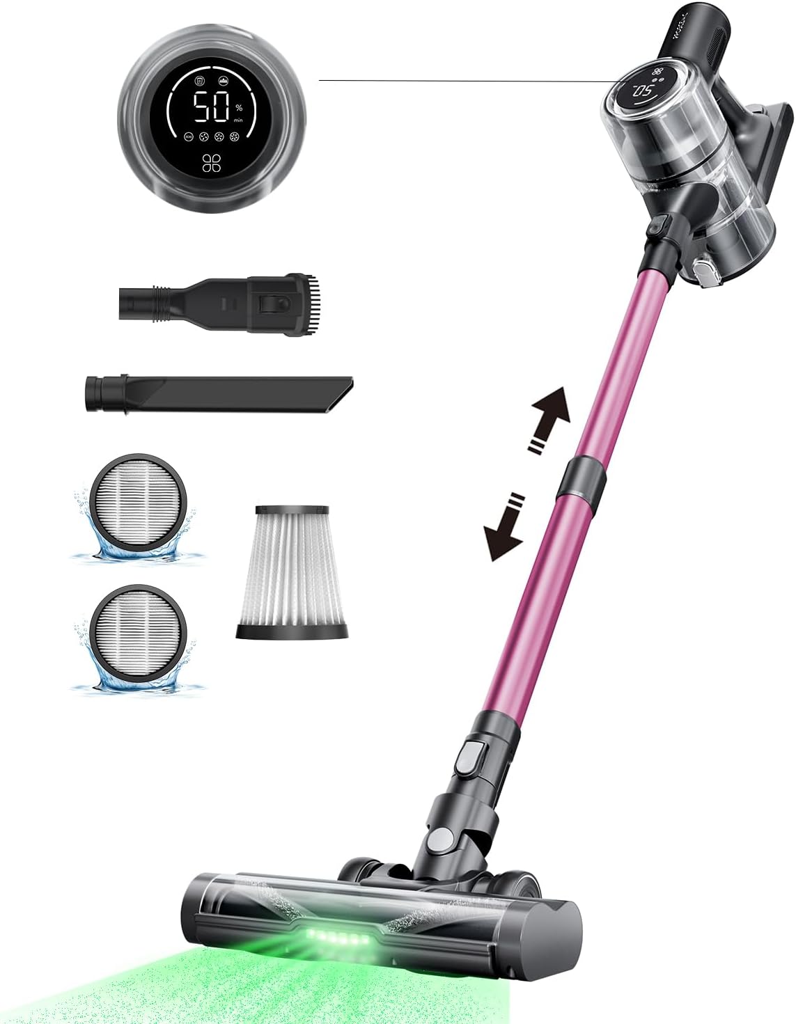 Proscenic Cordless Vacuum Cleaner, 45Kpa 50Mins Runtime Vacuum Cleaners for Home with Green Light, Anti-Tangle, LED Display, Lightweight Stick Vacuum for Pet Hair, Floor&Carpet, P13(Pink)