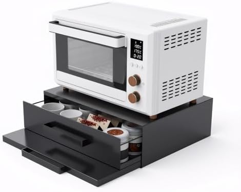 Steel Microwave Stand with Pull-Out Drawers & Shelves | Countertop Organizer for Compact Microwaves, Coffee Station & Kitchen Appliance Storage (Black+Drawer+Shelf)