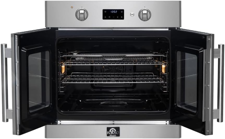FORNO Asti 30-Inch Electric French Door Stainless Steel Wall Oven - 2470V 3500W 3.68 Cu. Ft. Electric with LED Display Screen and Safety Lock - Wall Oven with Telescopic Racks with Air Fry & Drip Tray