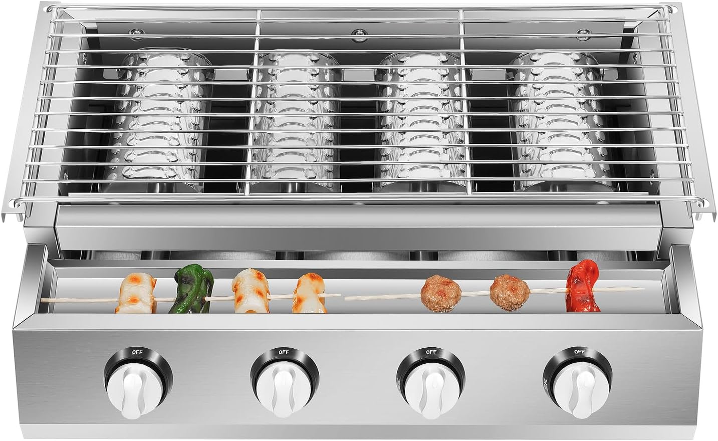 Stainless Steel Portable Grill, Portable BBQ Tabletop Removable Gas Grill with 4 Burners & Adjustable Height, Oil Catch Tray, LPG Grilled, Fast Heating Up, for Outdoor Camping, Patio Garden, Barbecue