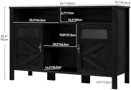 YITAHOME 55'' Farmhouse Buffet Cabinet with Storage, Large Sideboard Cabinet with 2 Doors & Open Storage, Versatile Coffee Bar Table for Kitchen & Living Room (Black)