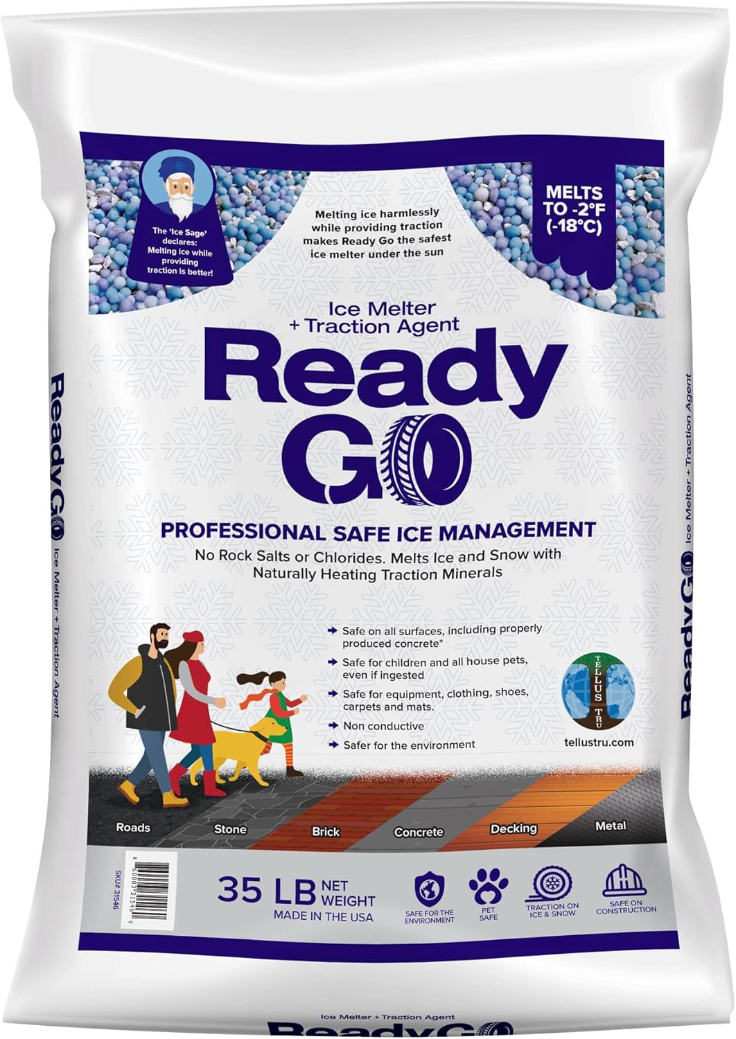 Ready Go Ice Melter with Traction Minerals to Melt Ice & Snow for Instant Traction Chloride Free Salt Free, Non-Toxic, Pet Safe, Child Safe, Environmentally Friendly (35 lb Bag)
