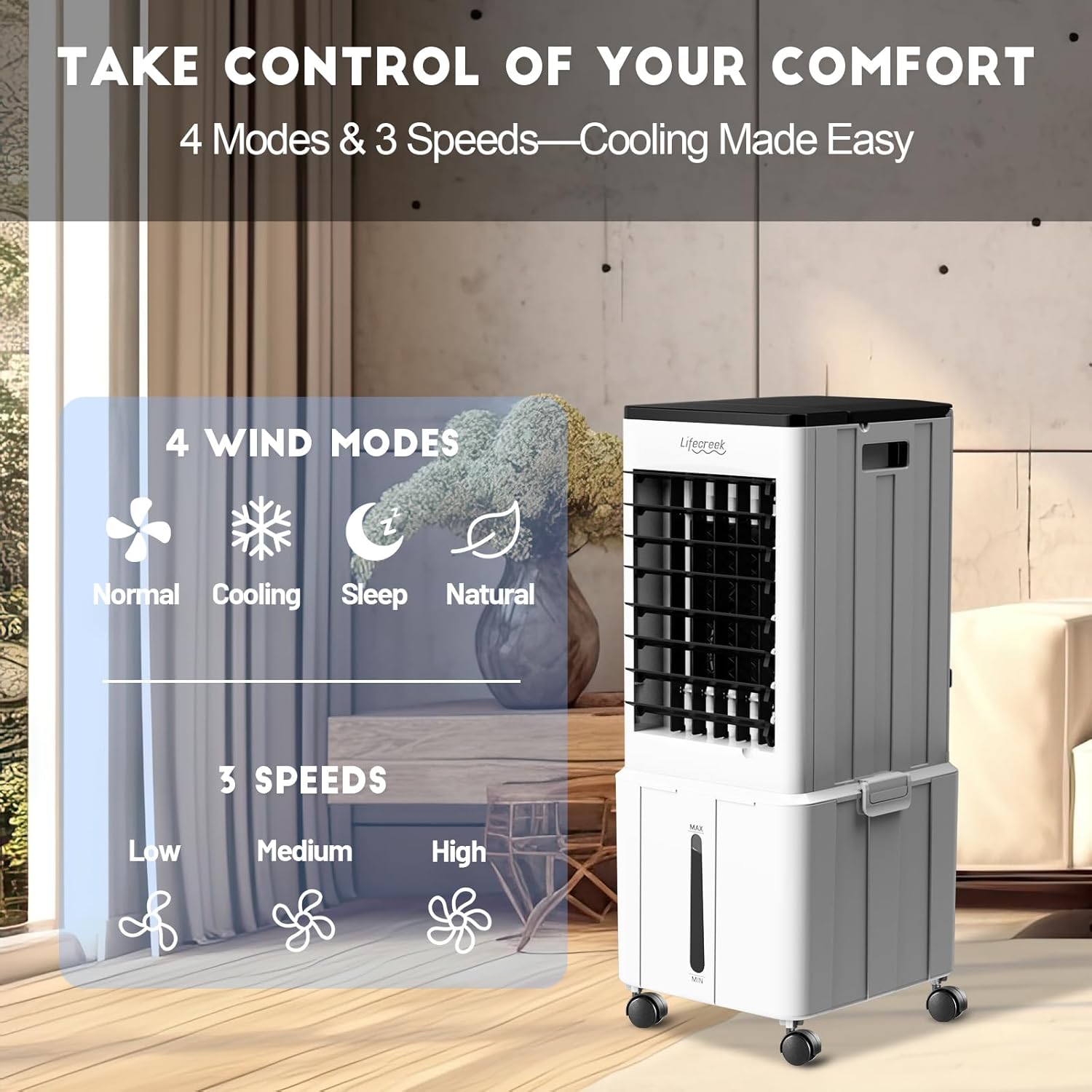 Portable Air Conditioner, 3-IN-1 Evaporative Air Cooler w/3.2Gal Tank, 4 Modes & 3 Speeds, 12H Timer, 6 Ice Packs, Remote Control, Windowless Swamp Cooler for Bedroom,Home,No Hose Needed