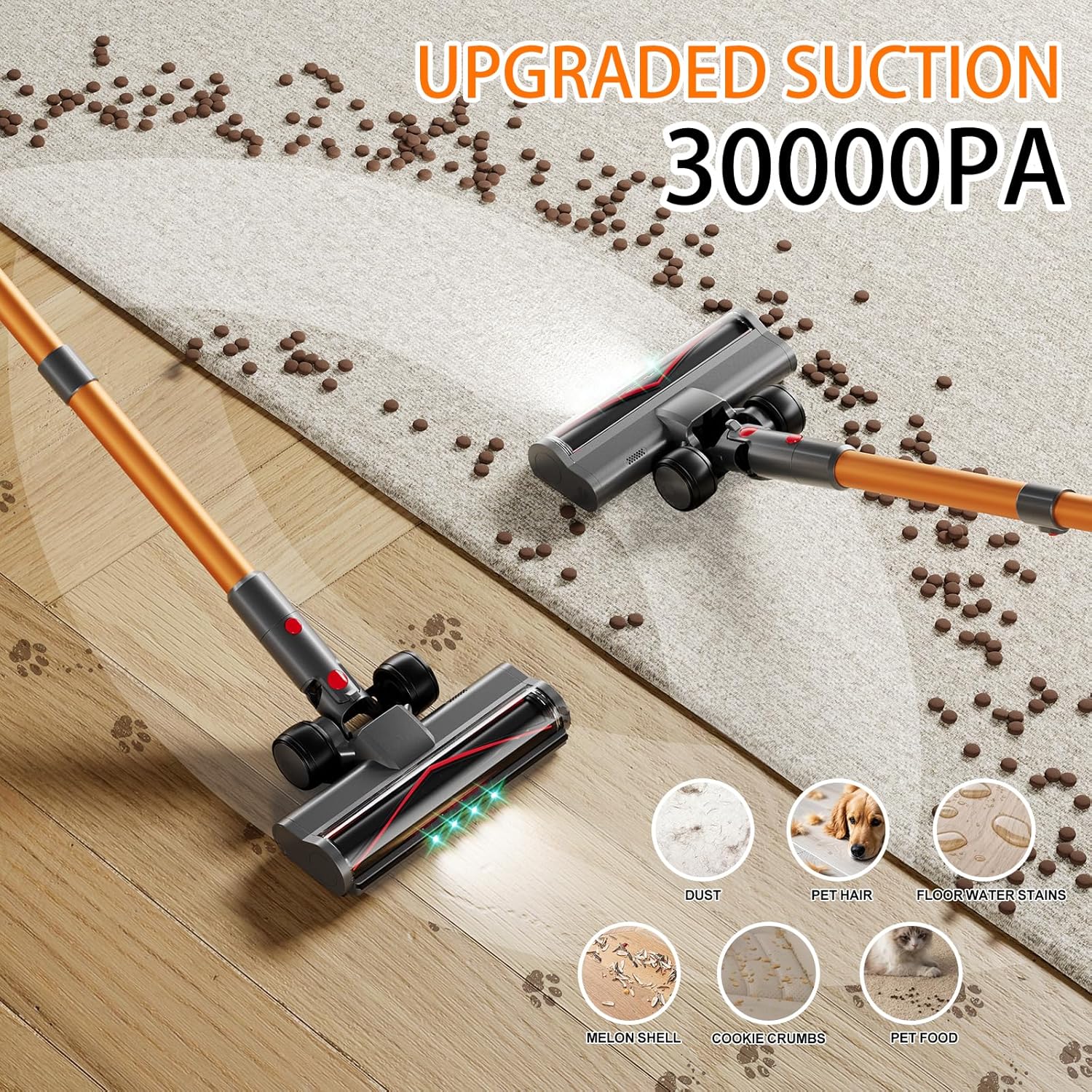 Cordless Vacuum Cleaner,450W/30000pa Self-standing Stick Vacuum Cleaners for Home,60Mins Stick Vacuum with LED Indicator,Multi-Accessory Lightweight Vacuum for Hard Floors Carpet/Carpet/Pet Hair