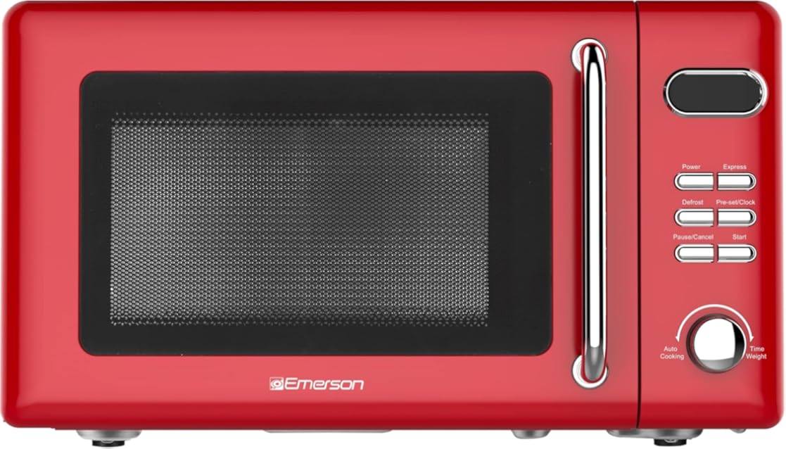 Emerson MWR7020RD Retro Compact Countertop Microwave Oven with Button Control, LED Display, 700W 5 Power Levels, 8 Auto Menus, Glass Turntable and Child Safe Lock, 0.7, Retro Red
