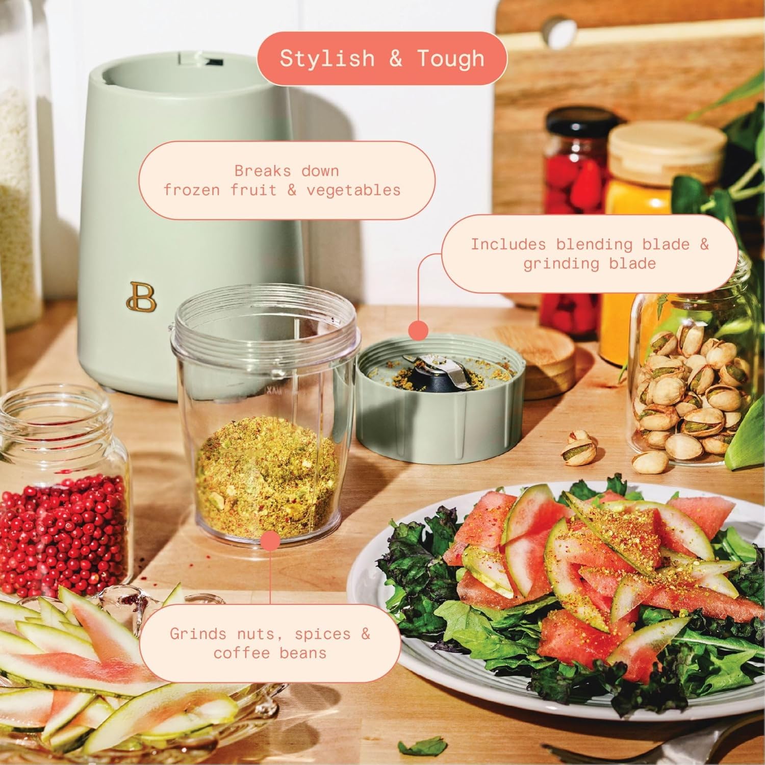 Beautiful 12-Piece Personal Blender Set, 240W Power, With Blend-and-Go Cups, Leak-Resistant Lids, Easy Clean, Compact Design, Ideal For Smoothies, Shakes & Meal Prep (Sage Green)