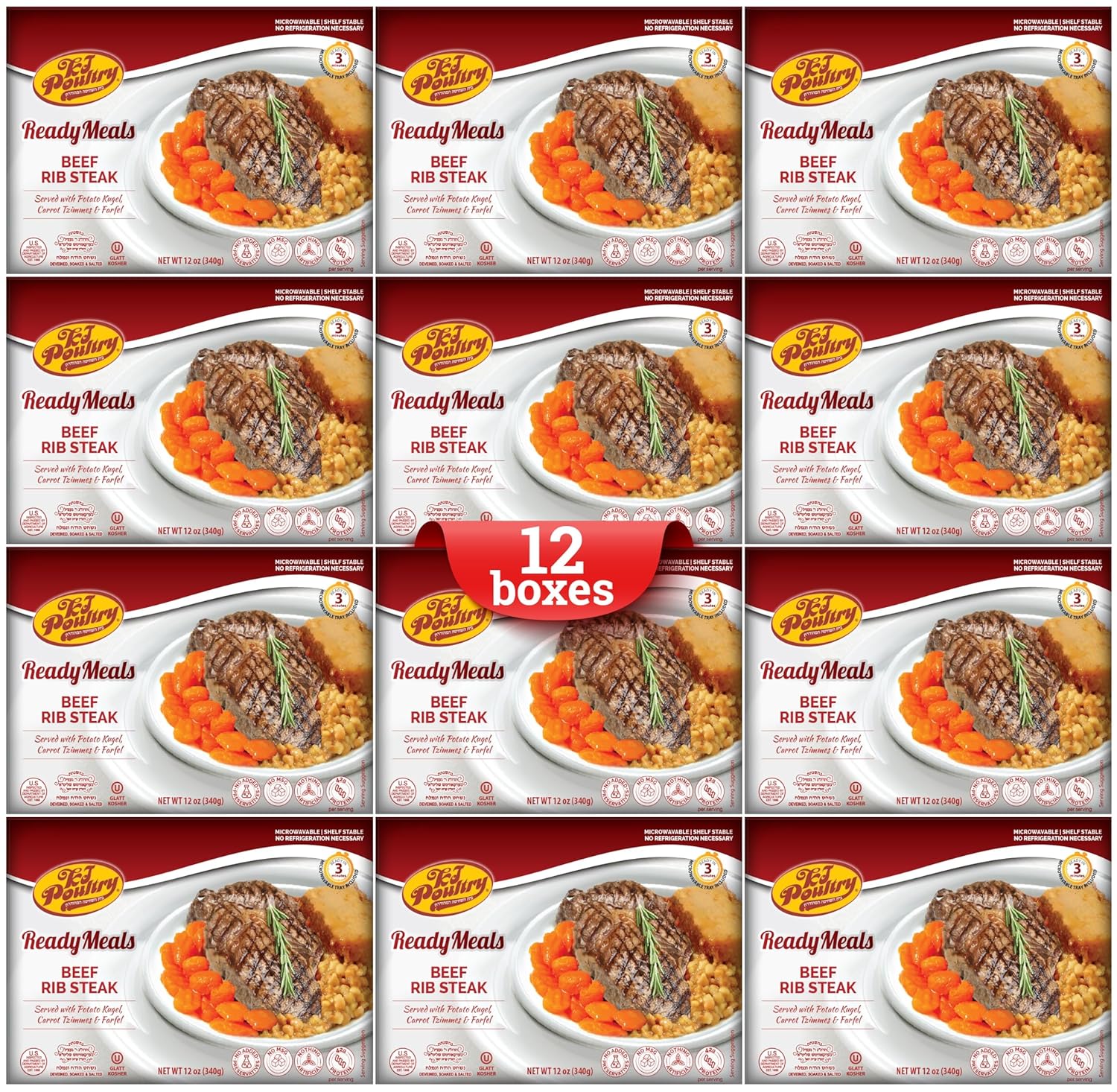KJ Poultry Kosher Ready Meals - Beef Rib Steak & Kugel, MRE Meat Meals Ready to Eat, Shabbos Food (12 Pack) Prepared Entree Fully Cooked, Shelf Stable Microwave Dinner Travel Military Camping Survival