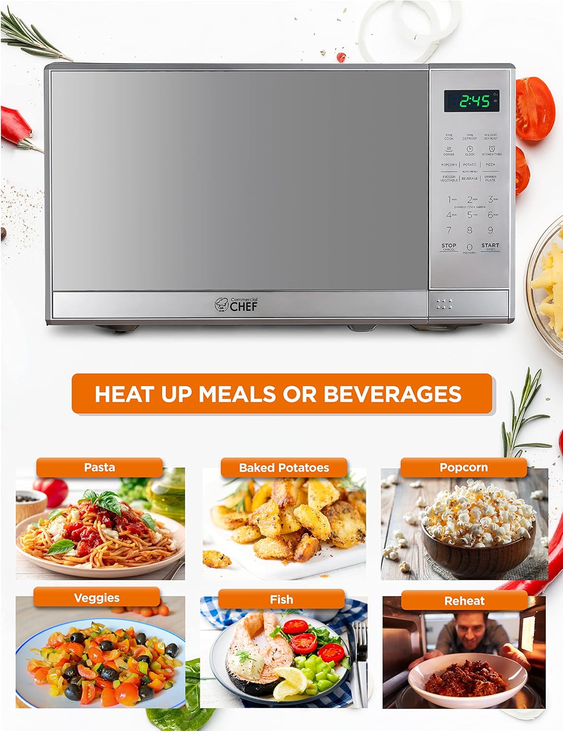 COMMERCIAL CHEF Small Microwave 0.7 Cu. Ft. Countertop Microwave with Digital Display, Stainless Steel Microwave & BLACK+DECKER 4-Slice Toaster Oven with Natural Convection, Stainless Steel