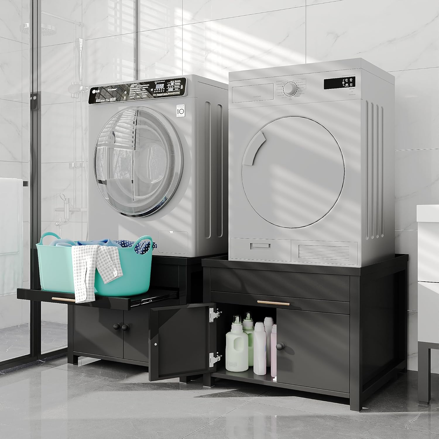 Laundry Pedestal for Washer and Dryer, Heavy Duty Metal Washer Dryer Pedestal Stand With Basket Shelf, 29