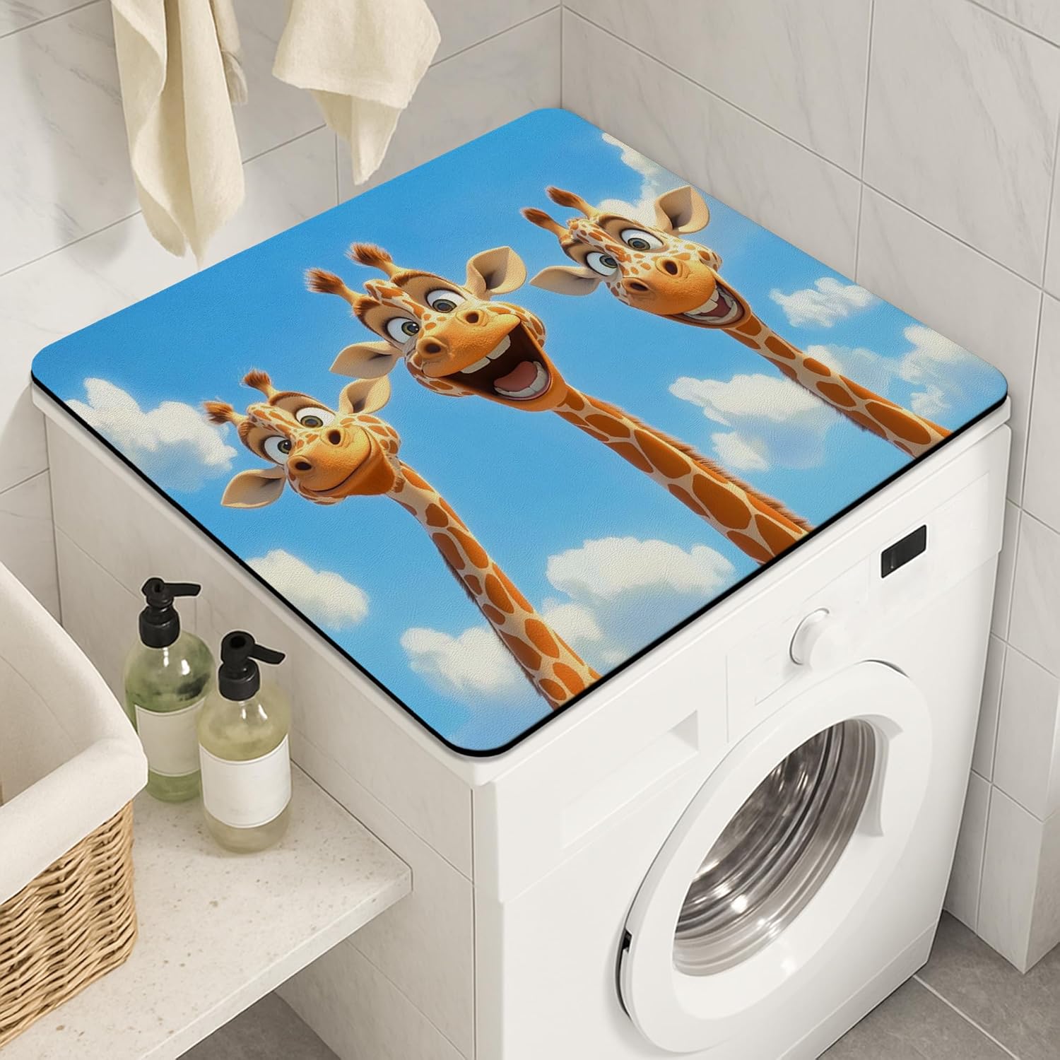 Cute Giraffe Washer Dryer Top Protector Mat, Playful Animated Animal Design Laundry Machine Dust Covers, Summer Waterproof Anti-slip Mats for Laundry Room 24x24 Inch
