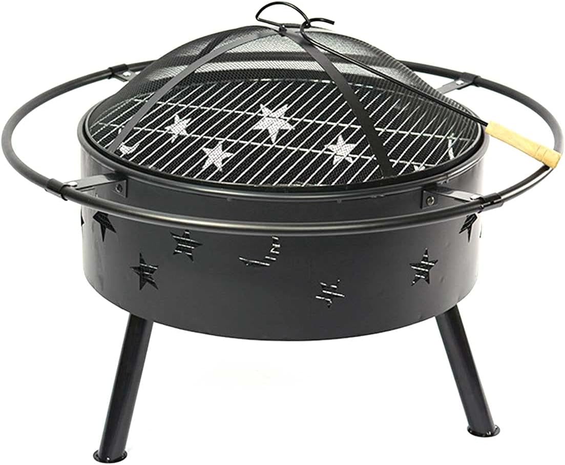 Outdoor Fire Pits Wood Burning Grill, Firepit for Outside Portable, Stars and Moons Firepit 2-in-1 Backyard Fire Pit with Fire Hook for Outside Patio Cooking BBQ