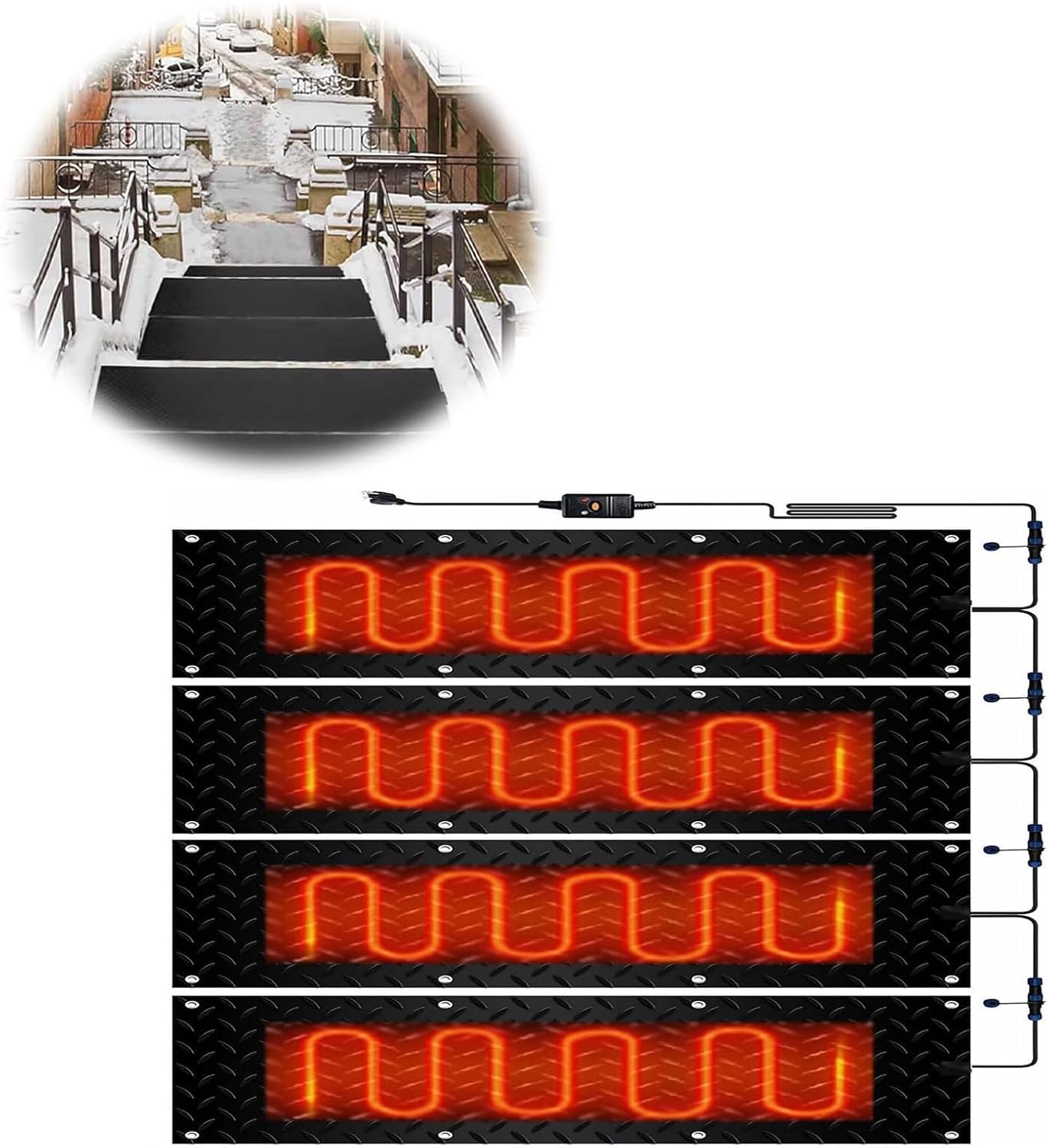 Heated Outdoor Mats Sidewalk Non-slip Heated Mats for Driveway, 1/2/3/4/5 Pieces Non-slip Rubber Heated Stair Mats, Non-slip Snow and Ice Melting Heated for Outdoor Roof Heavy Snow(4 Pcs,25.4x120cm/10