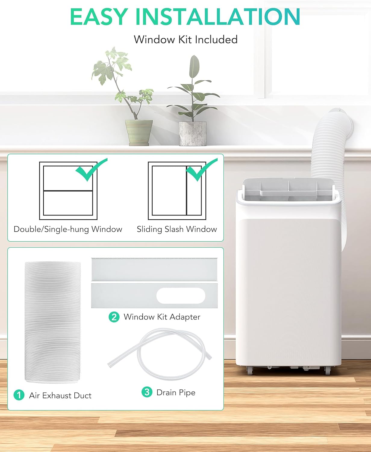 12,000 BTU Portable Air Conditioner, 3-IN-1 Portable AC Unit Cools Up to 500 Sq.Ft, with Complete Window Mount Exhaust Kit and Remote Control for Campervan, Office, Temporary Space