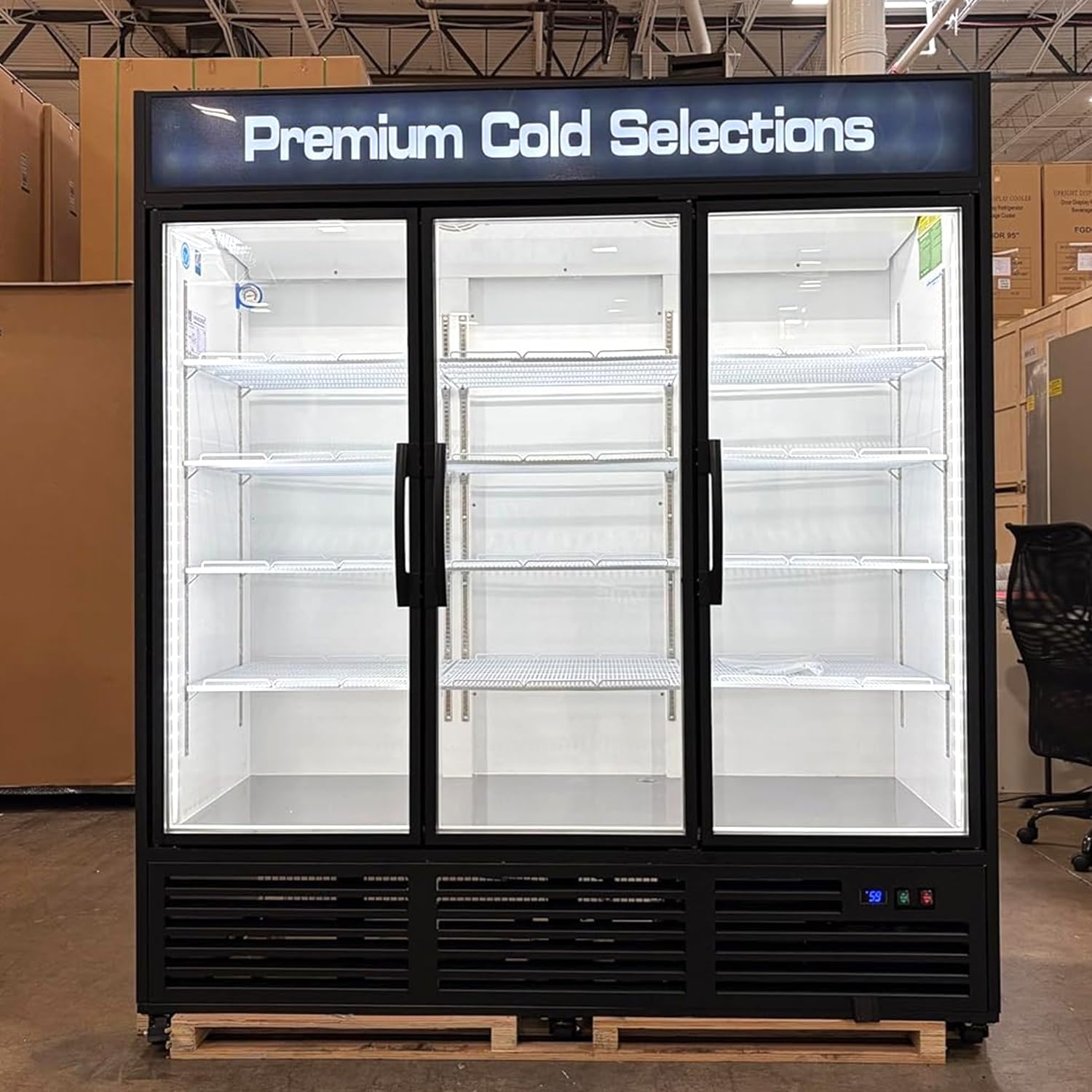 71” Wide Commercial Beverage Refrigerator Display Fridge, Three Glass Door Stainless Steel Merchandiser Drink Cooler With LED Light Adjustable Shelves,ETL Sanitation,63.5 Cu Ft,Black,(Wheels Included)