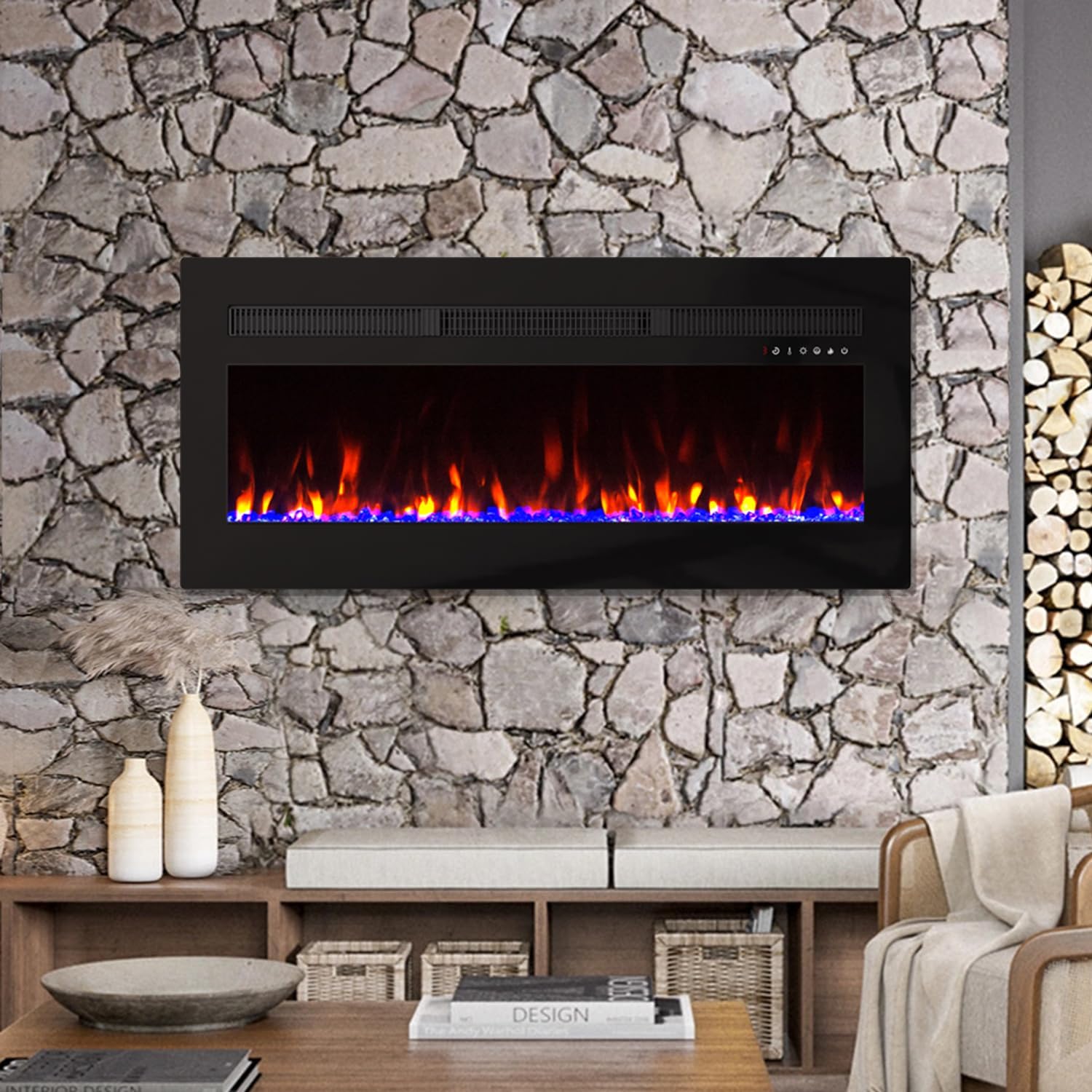 Panana Electric Fireplace Heater Wall Mounted, 60 inch Wide Recessed Electric Fireplace, 1400W, 8H Timer, 20 Color Flame, Remote Control, Log Set & Crystal