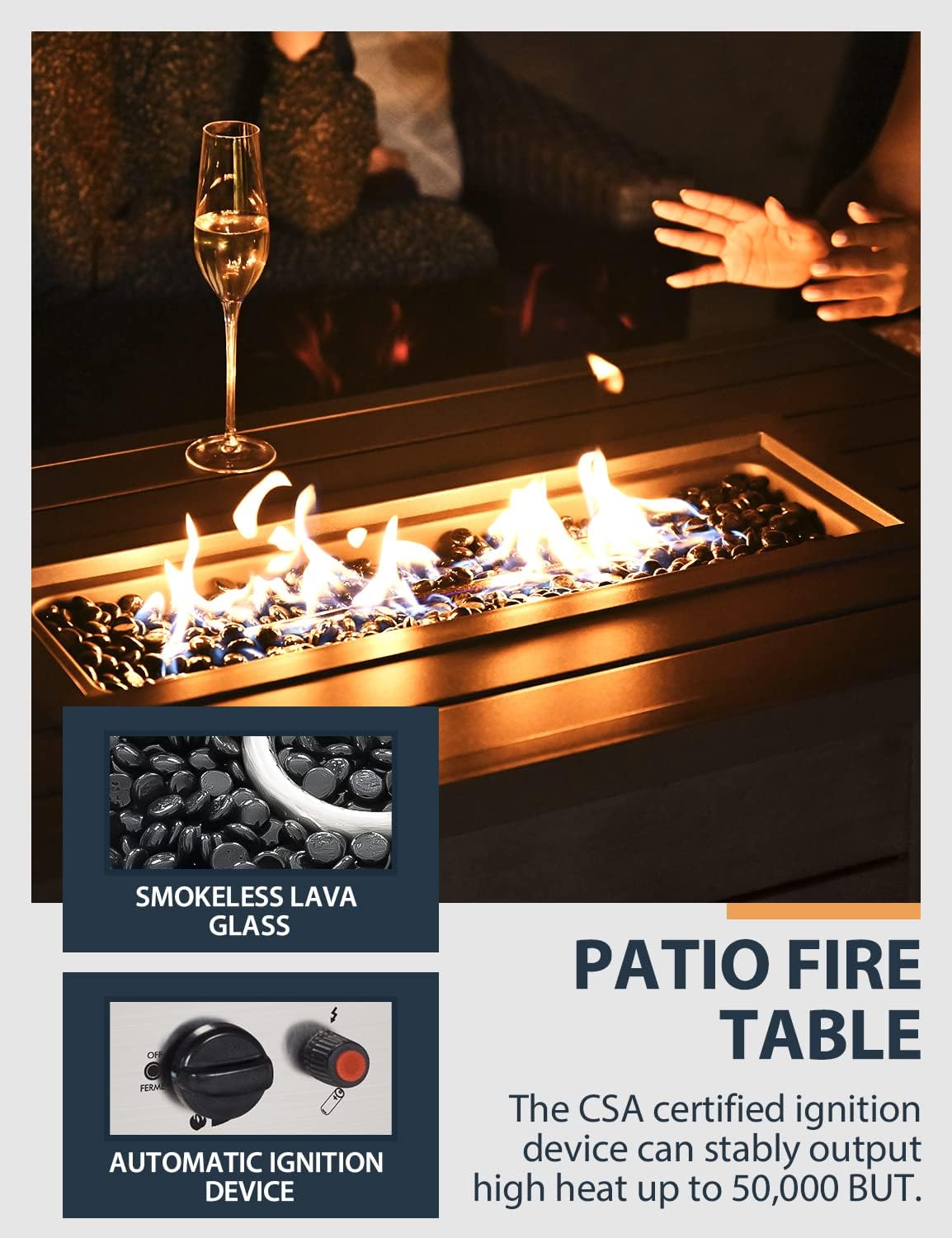 Propane Fire Pit Table, HAPPATIO 48inch 50000 BTU Gas Fire Pit with Aluminum Slats Table Top, Lid, Black Glass Rock, Aluminum Fire Table,CSA Safety Certified for Outside Patio(Gray)