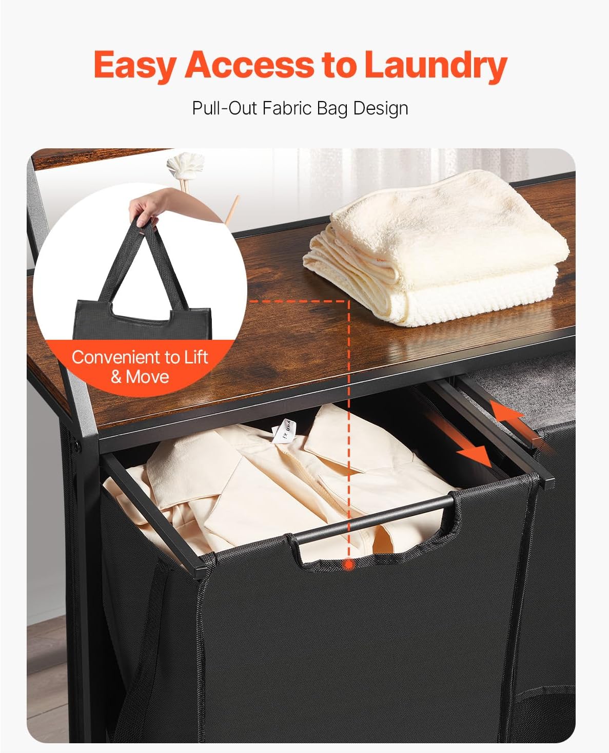 VEVOR 2 Tiers Laundry Sorter, Tall Laundry Hamper with Metal Frame and Wooden Tabletop, 3 Section Rolling Basket Organizer Storage with Ladder Shelves and 600D Oxford Cloth Bags for Dirty Clothes