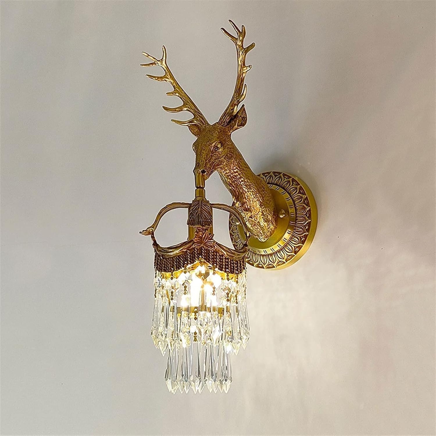 Deer Head Copper Wall Sconce Beautiful Crystal Decorative Bedroom Bedside Lights,Household